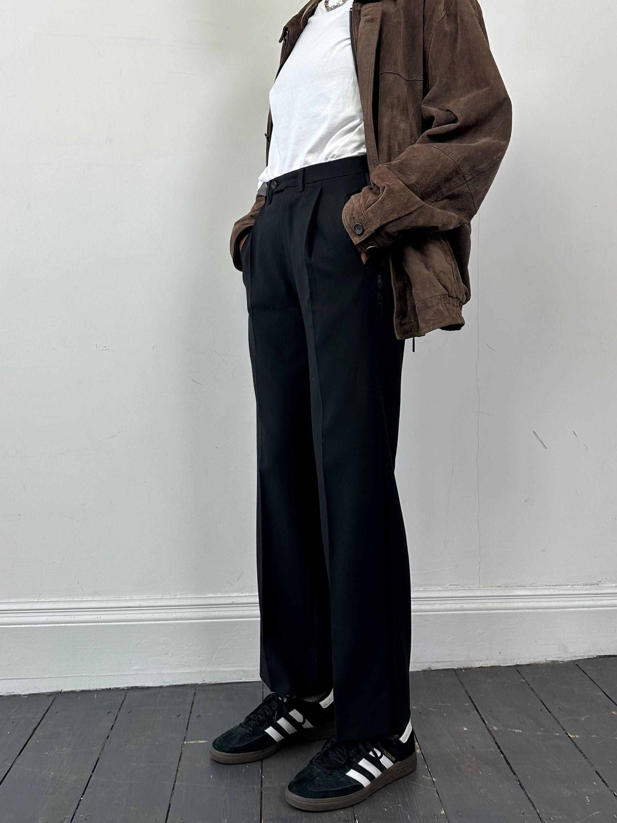 Vintage wool tuxedo straight leg trousers in size W28, featuring classic tailored fit and formal style.