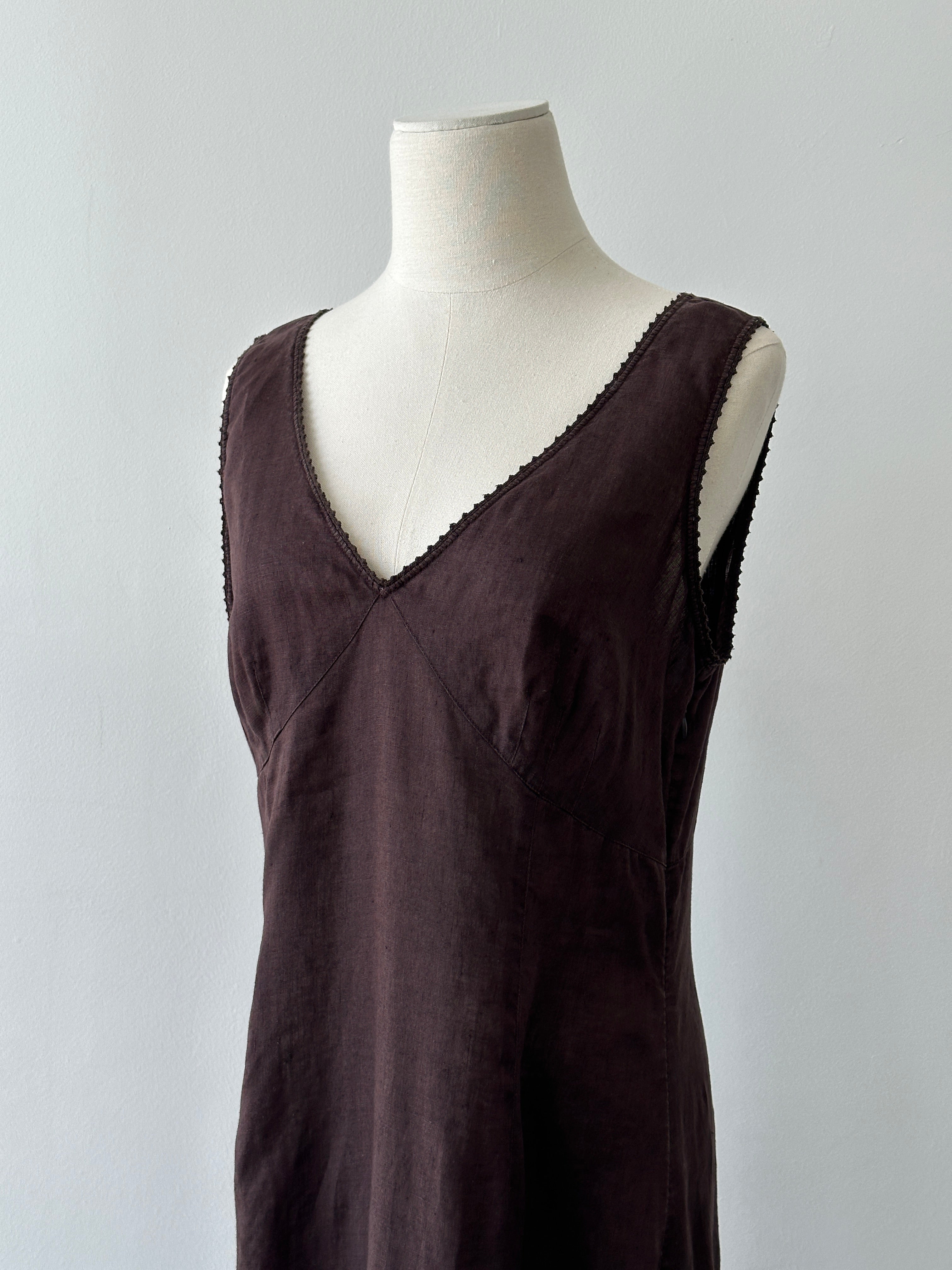 Vintage 2000s Pure Linen V Neck Midi Dress - M
