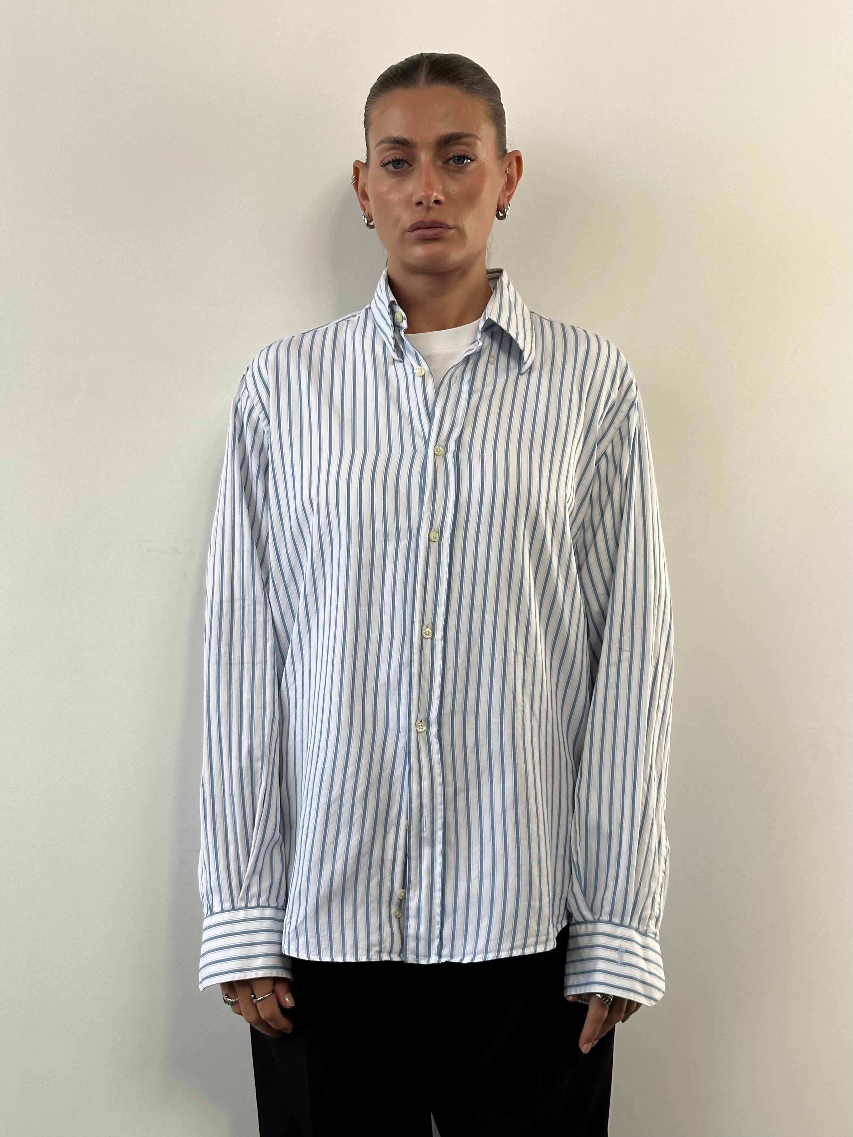 Yves Saint Laurent Pour Homme stripe logo shirt in size L/XL, featuring a classic design and signature branding on the front.