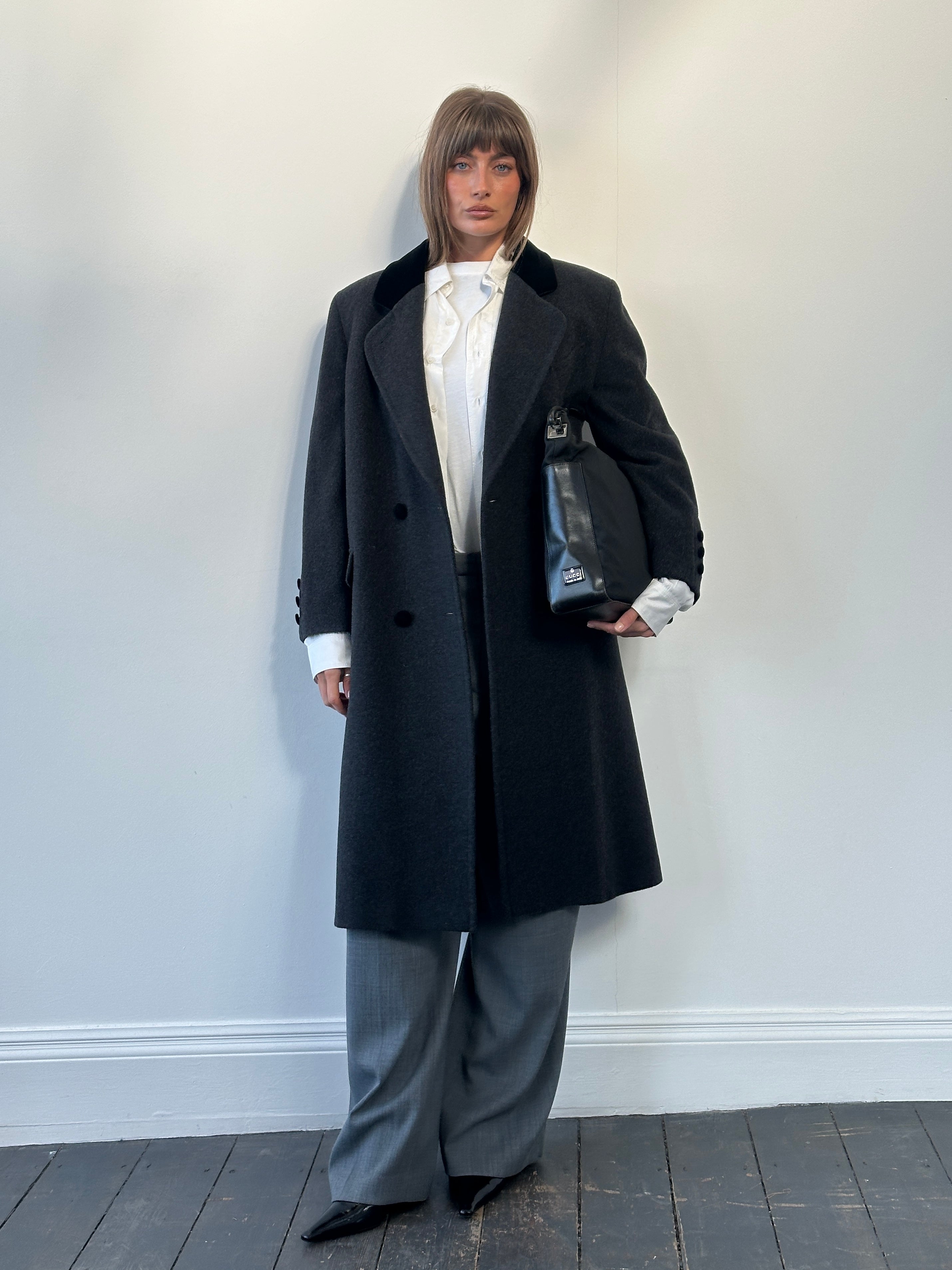 St Michael 1990s wool double-breasted coat in size L, classic design with button details, dark navy color, and tailored fit.