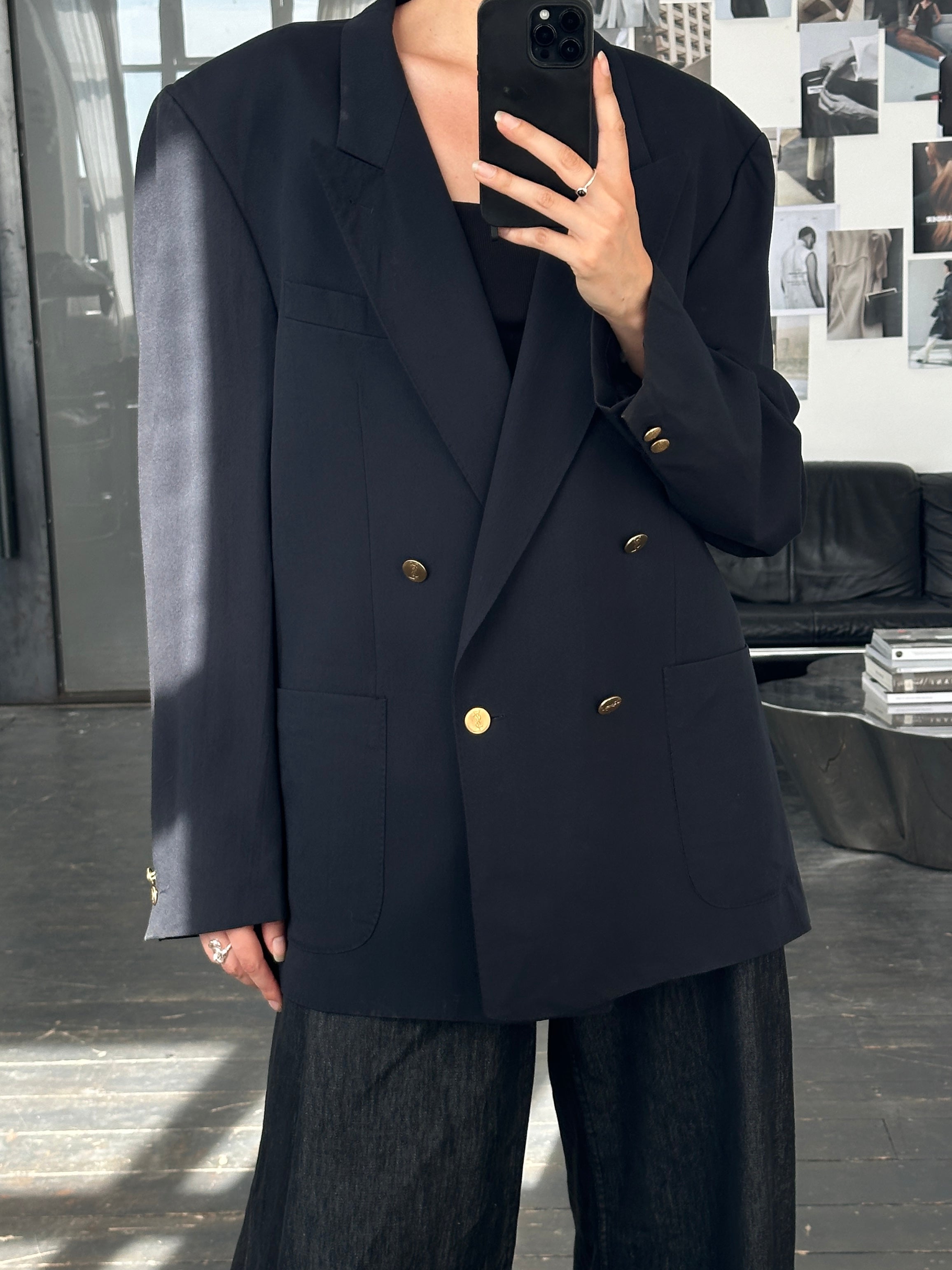 Yves Saint Laurent 1980s bespoke double-breasted blazer in size 46R/XXL, tailored fit with classic lapels and button details.