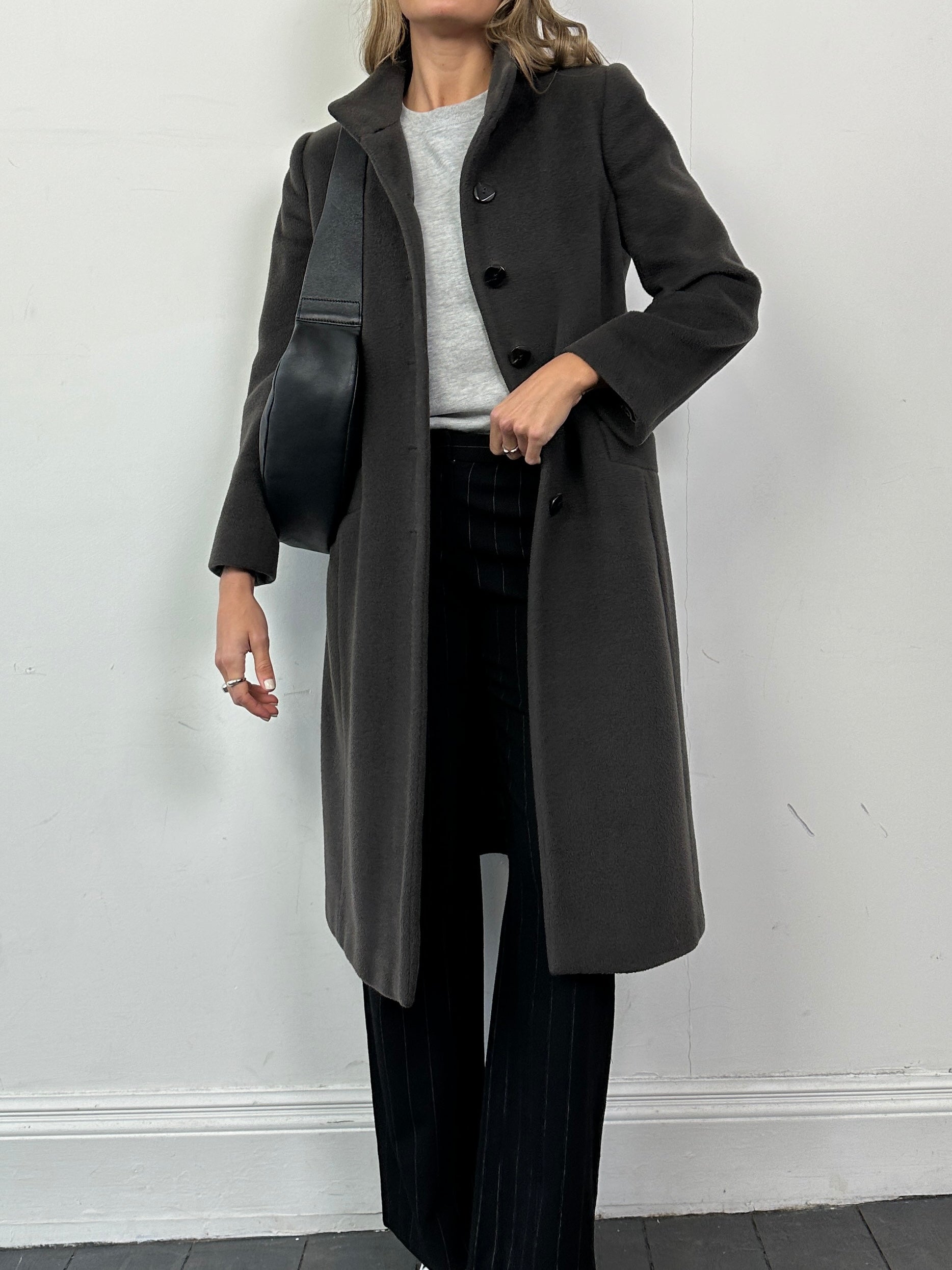 Armani Collezioni wool cashmere single-breasted coat in size S, shown on a hanger with a classic tailored fit and neutral color.