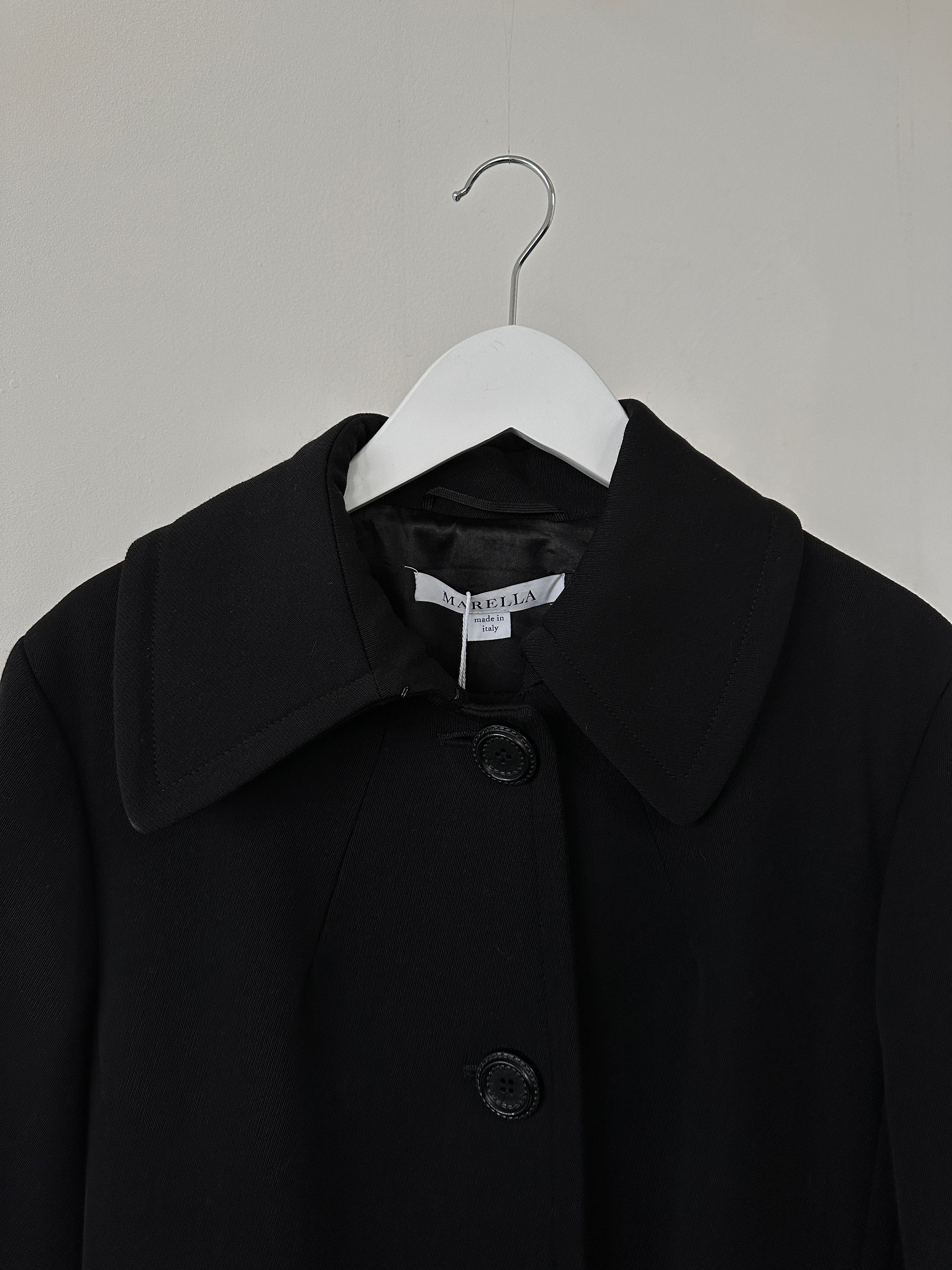 Marella Pure Virgin Wool single-breasted coat in size S/M, featuring a classic design and tailored fit, displayed on a hanger.