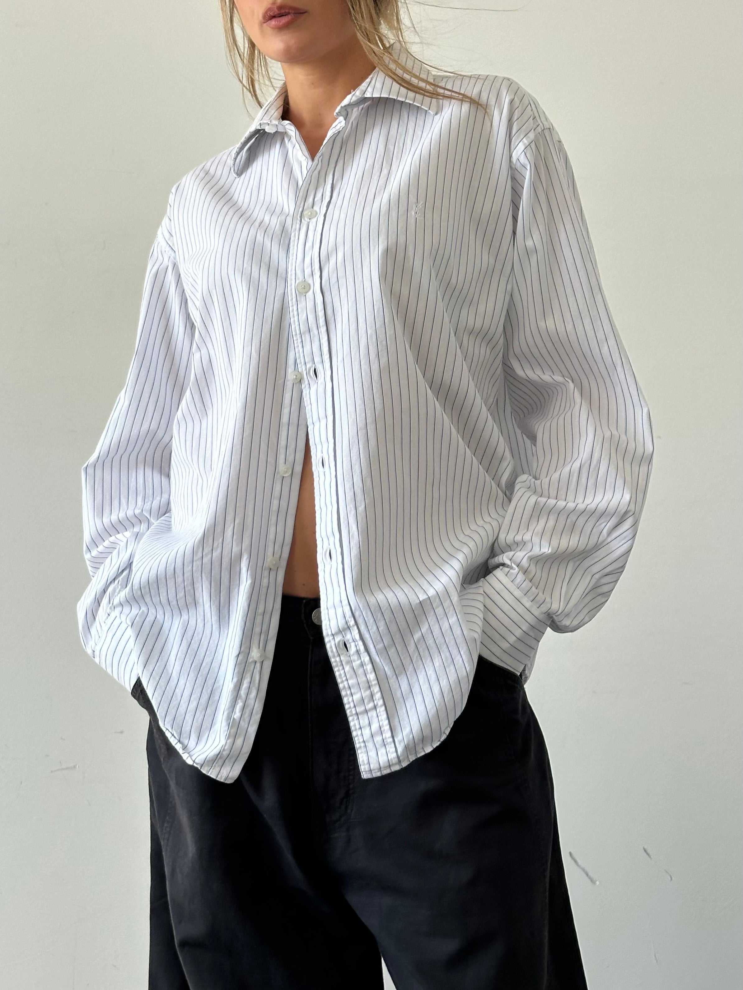 Yves Saint Laurent Pour Homme stripe cotton logo shirt in size L/XL, featuring a classic design with the Yves Saint Laurent branding.