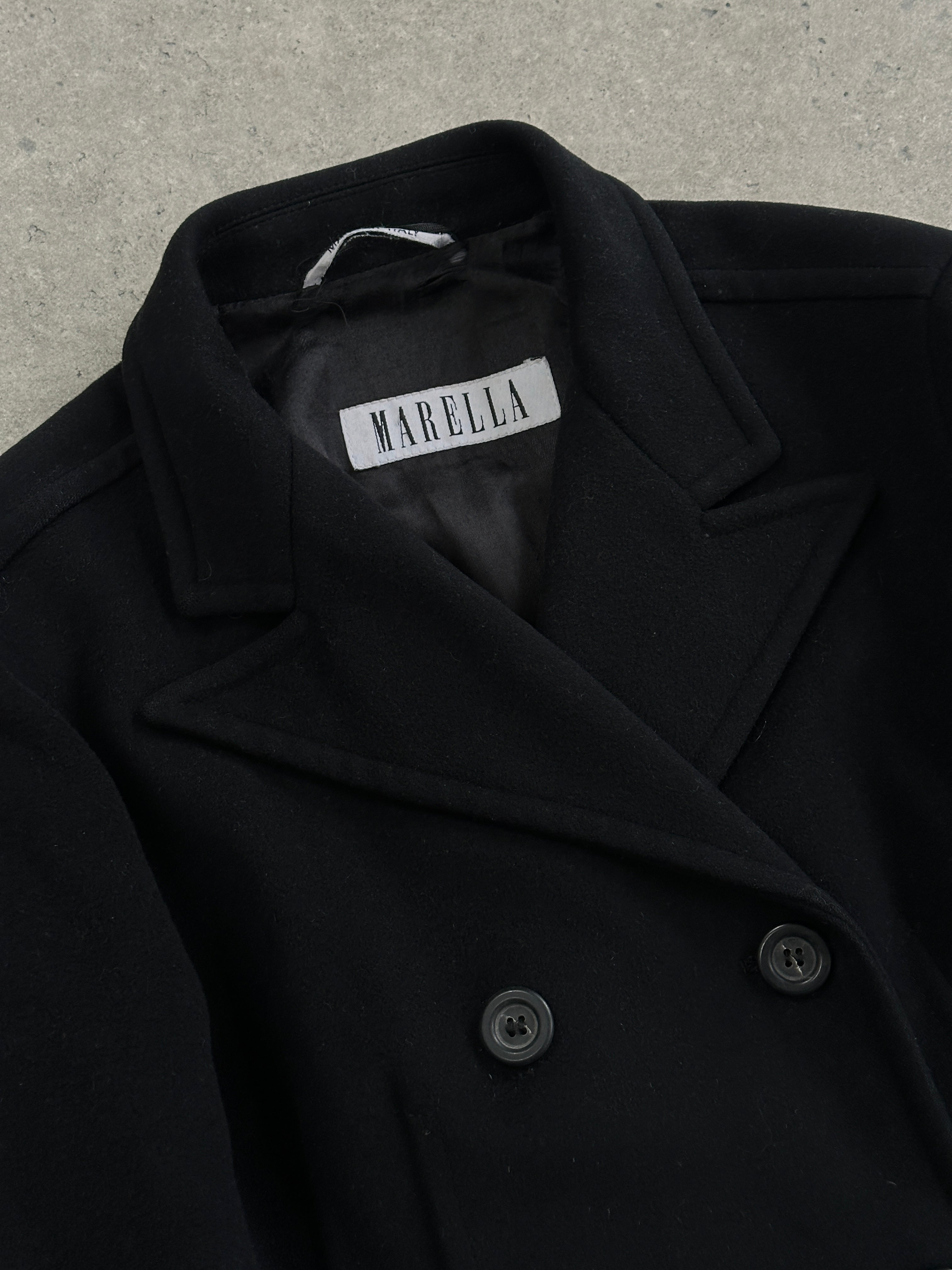Max Mara Marella virgin wool double-breasted coat in S/M, tailored design with lapels and front buttons, in a classic coat style.