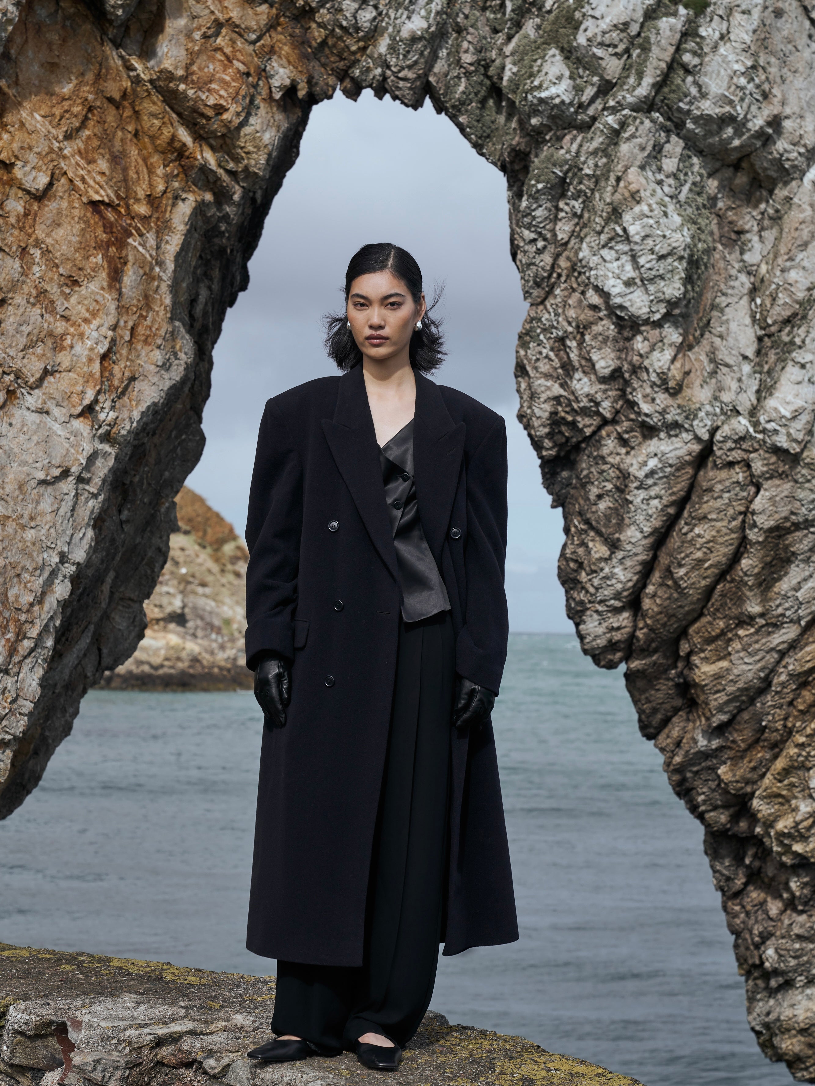 Pierre Cardin 1990s wool and cashmere double-breasted floor-length coat in XL, showing beige fabric and classic tailored design.