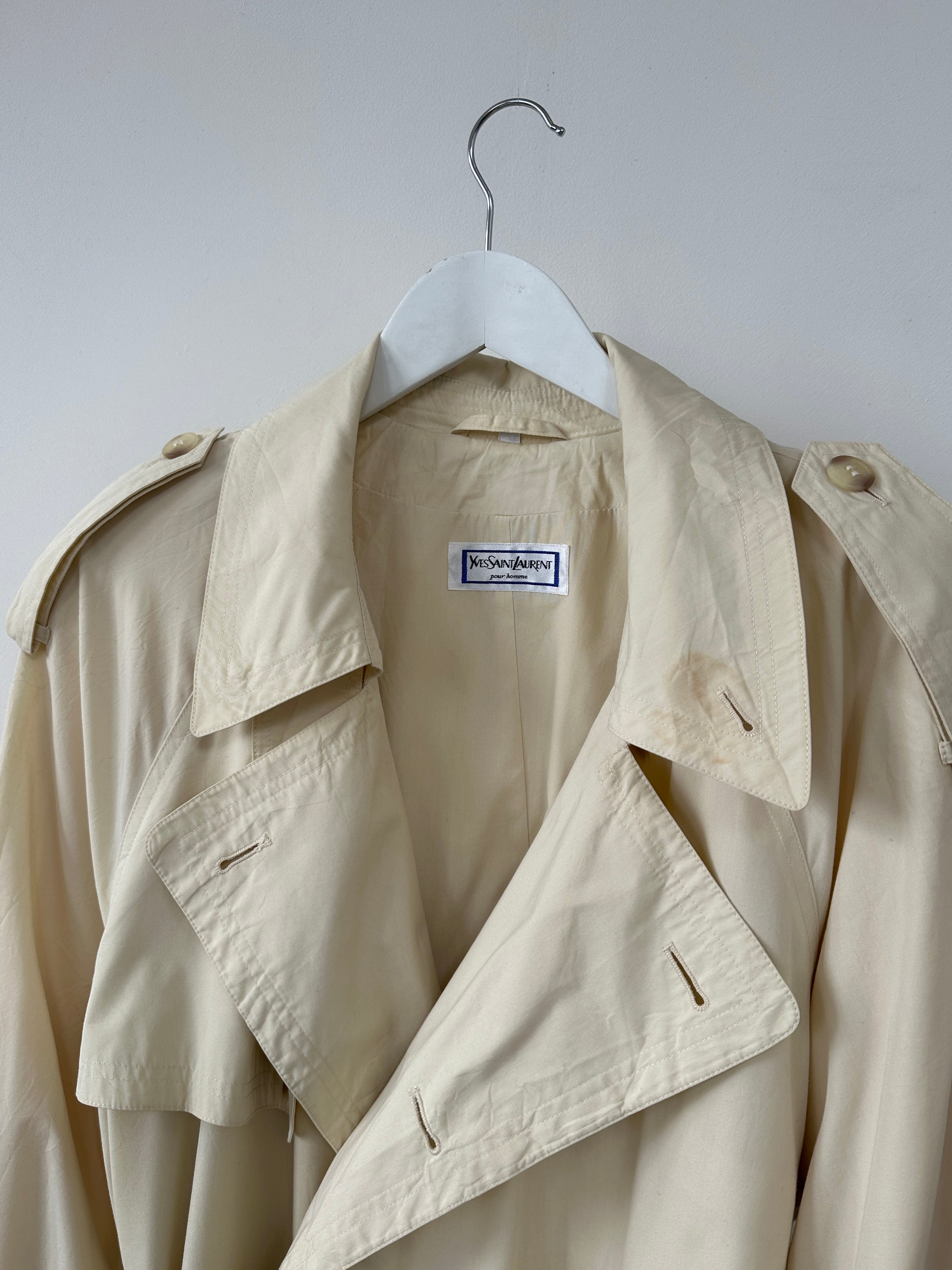 Yves Saint Laurent Pour Homme trench coat in XL/XXL, stylish men's outerwear with classic design and neutral color.