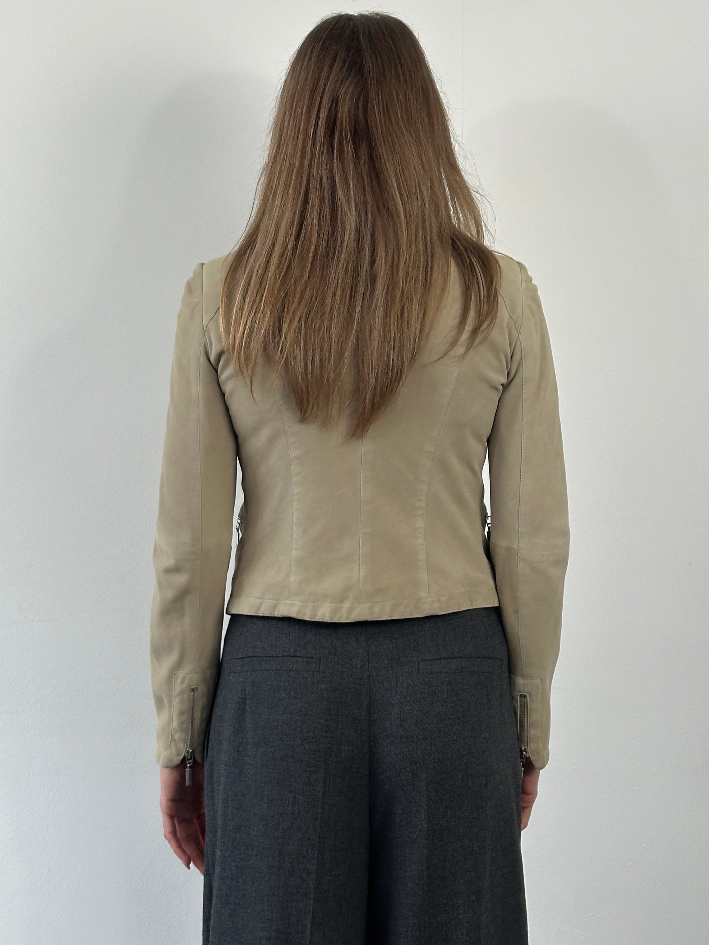 Armani Collezioni 2000s double zip suede leather jacket in XS/S, front view showing sleek design and double zipper details.