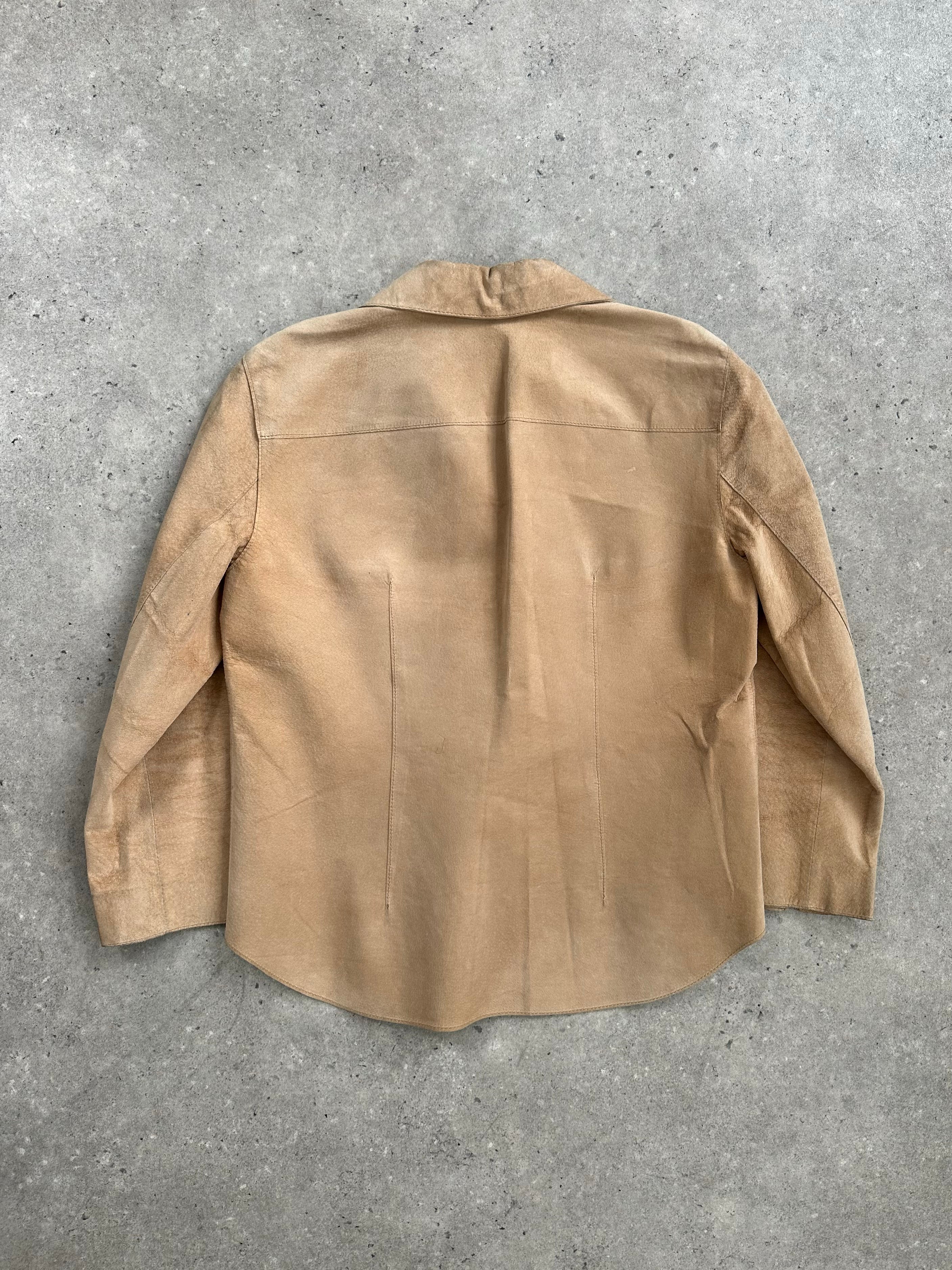 Donna Karan DKNY 2000s suede leather jacket with concealed placket, XS size, shown on a hanger with a smooth texture and classic design.