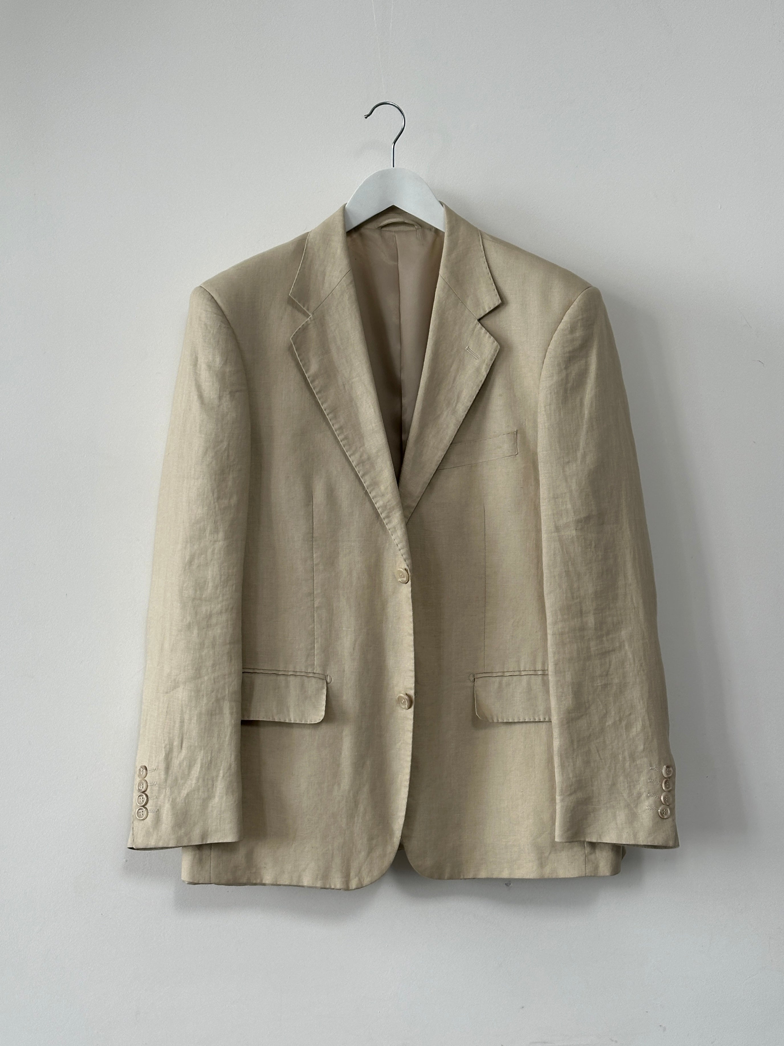 Vintage pure linen single-breasted blazer in size 42R/L, showcasing classic tailored fit and lightweight fabric.