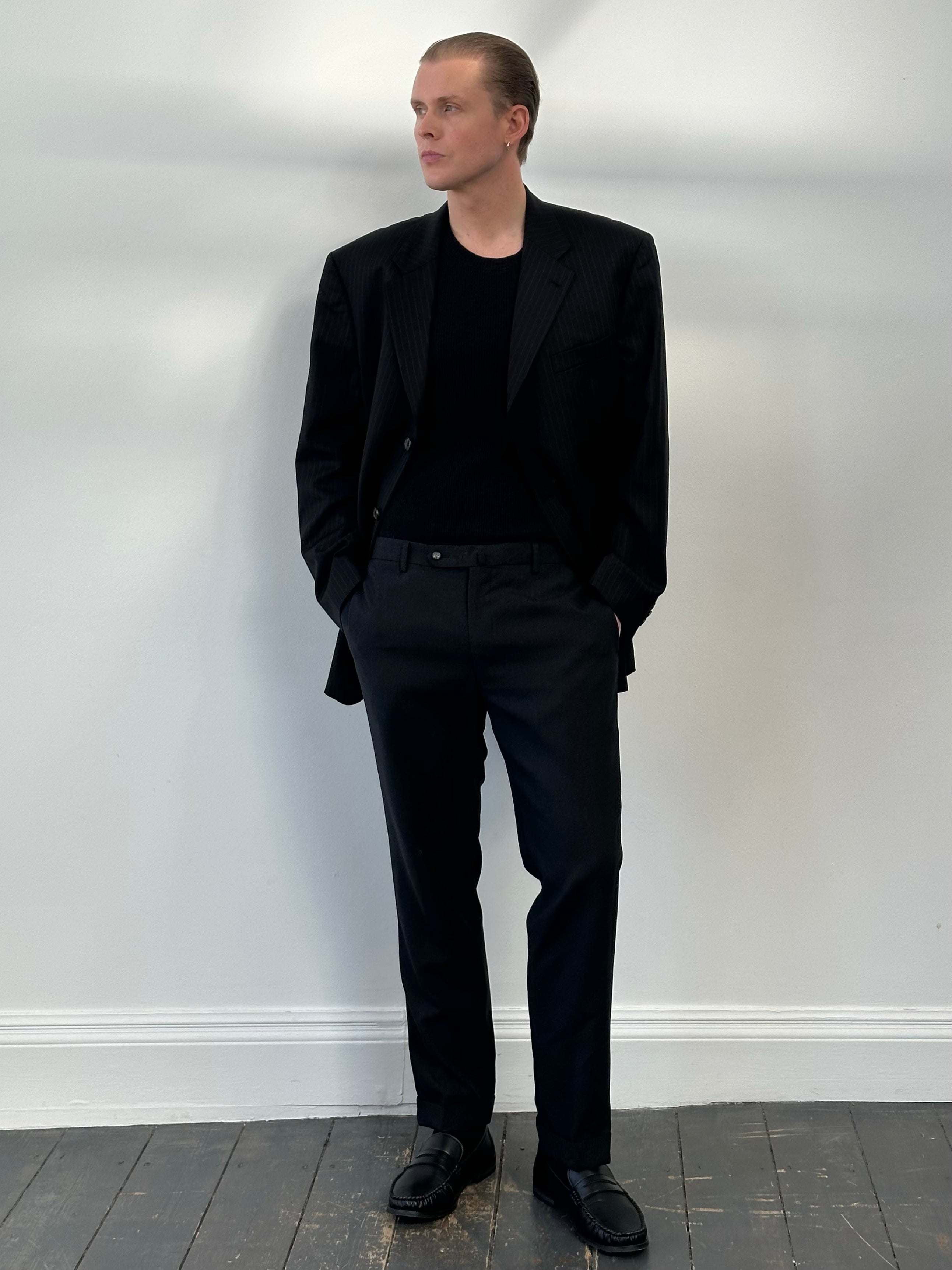Japanese vintage pure wool straight leg trousers in size W34, classic style with a timeless fit and natural fabric texture.