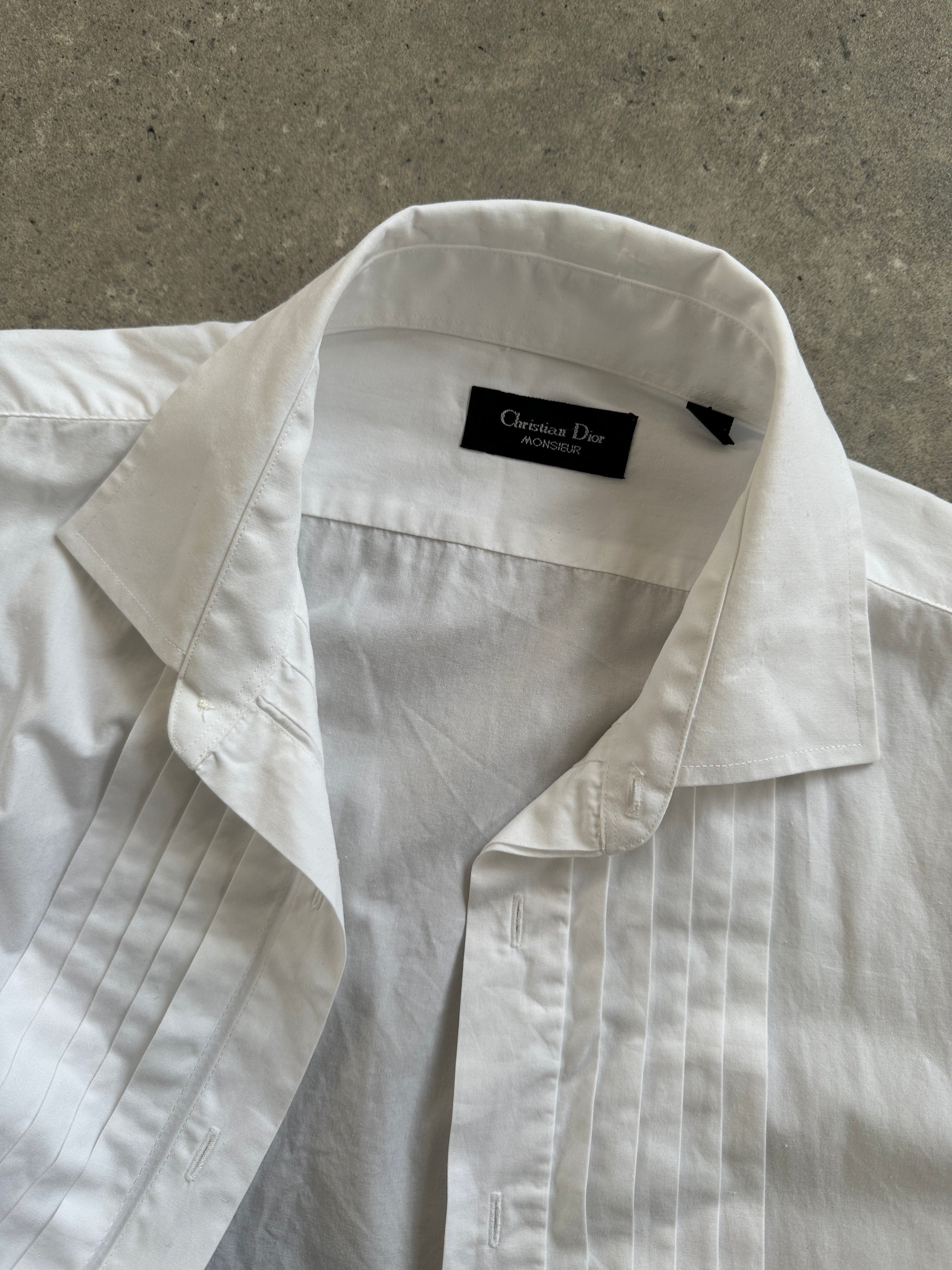 Christian Dior pleated tuxedo cotton shirt in size M, featuring a sleek collar and tailored fit.