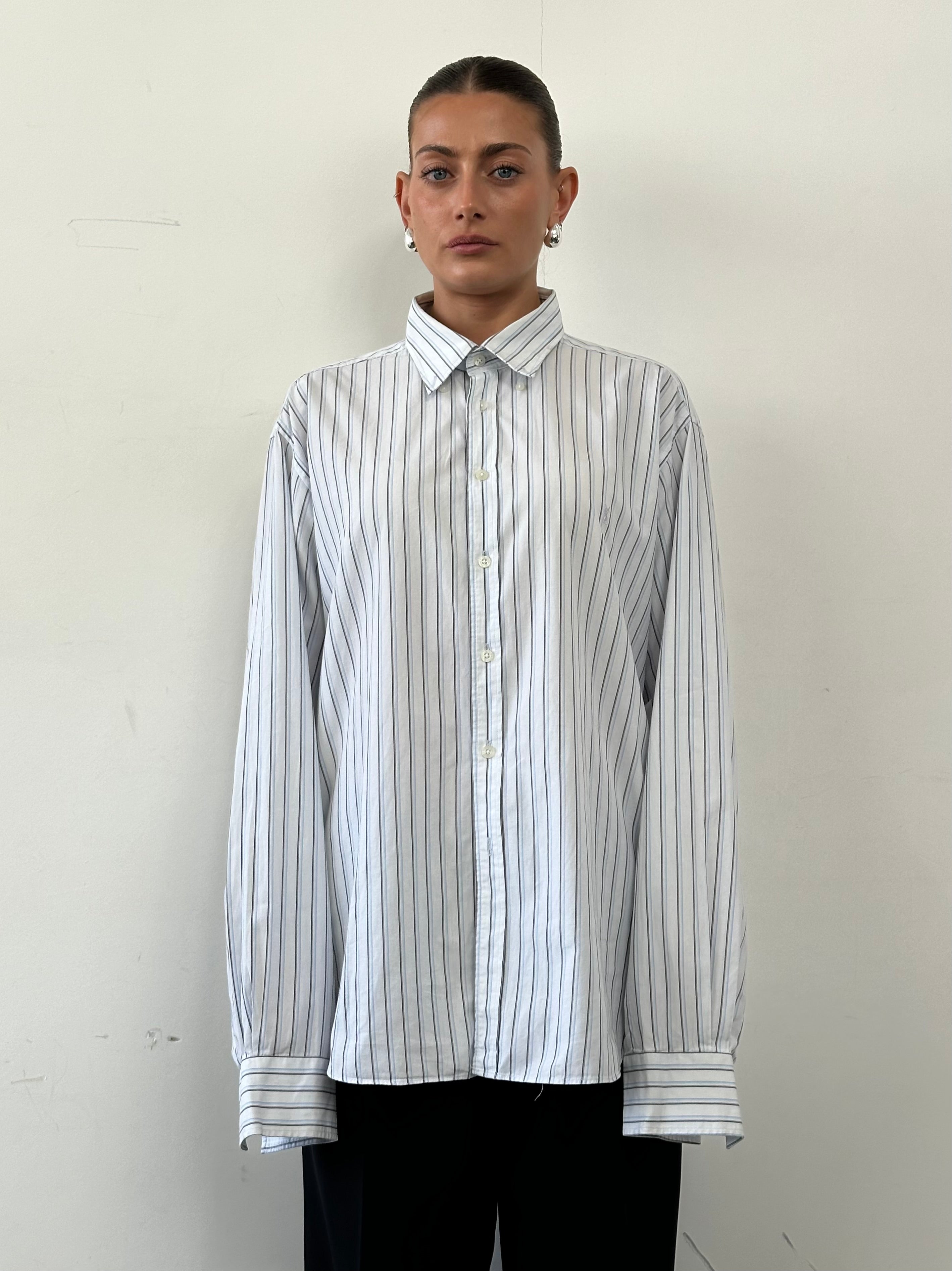 Yves Saint Laurent Pure Cotton Stripe Logo Shirt in XL, featuring classic striped design and brand logo on the front.