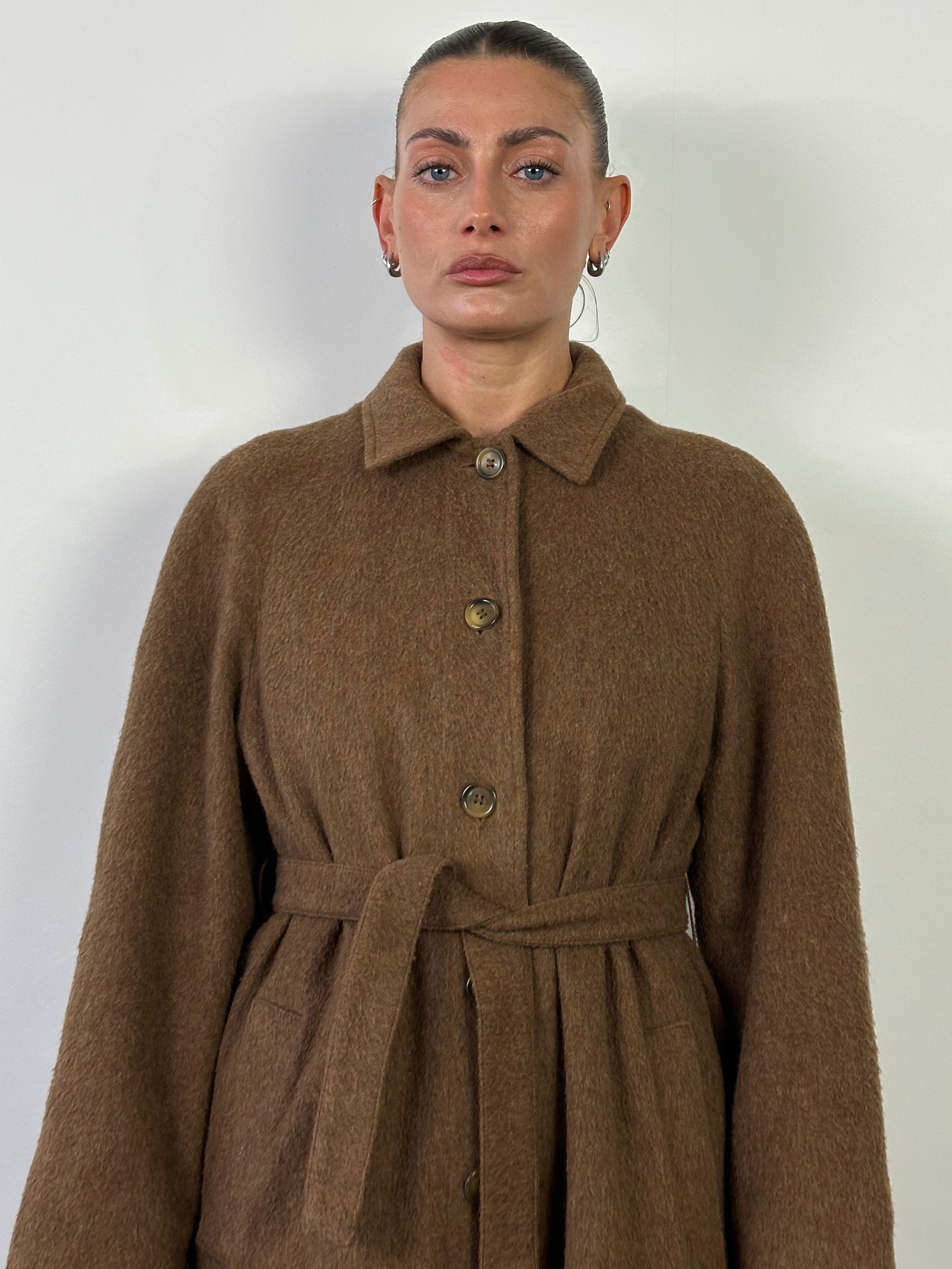 Marella 90s brushed wool single-breasted belted coat in beige, featuring a classic collar and waist belt for a stylish look.