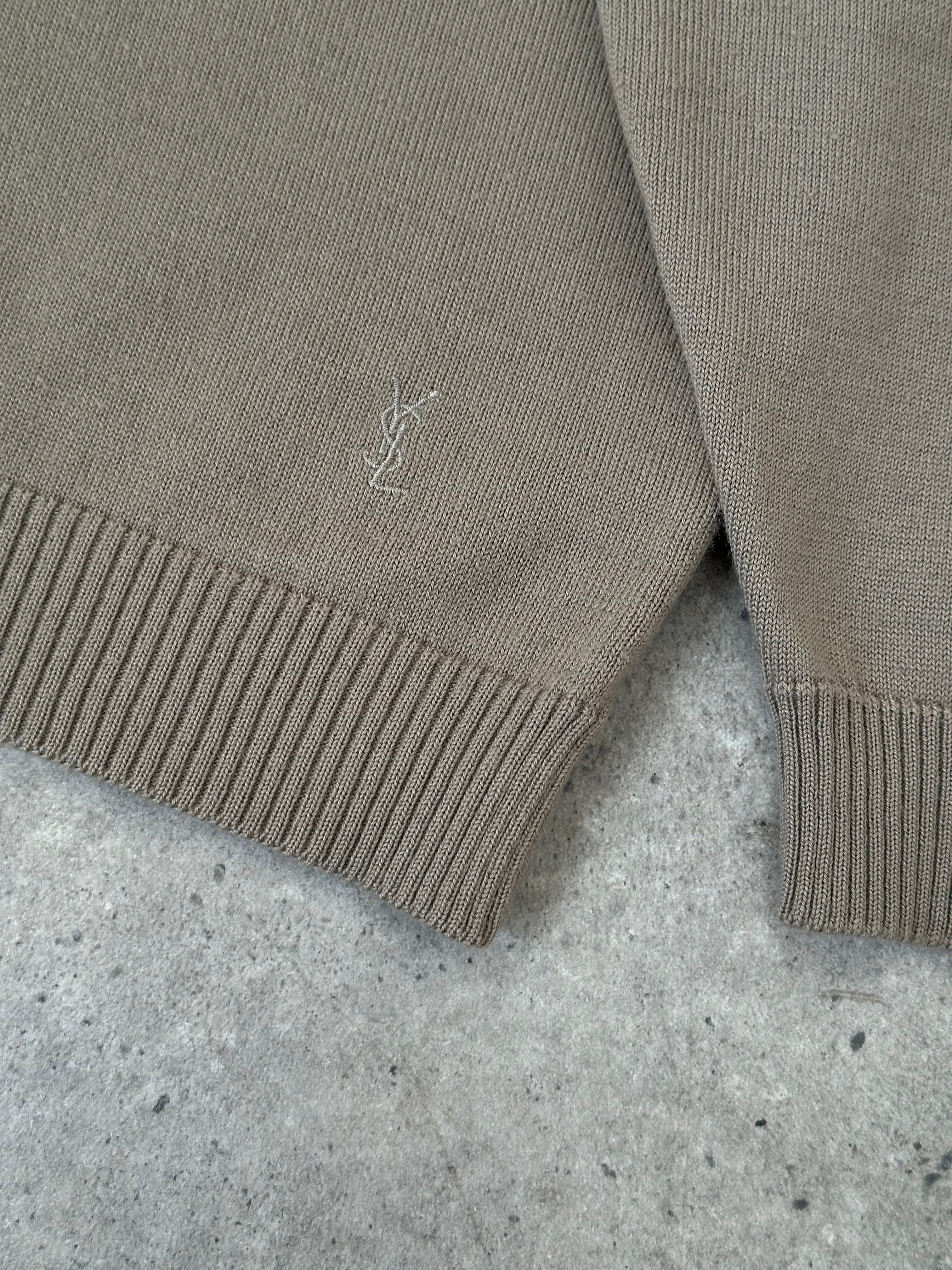 Yves Saint Laurent 1990s wool knit logo jumper in gray, featuring the signature YSL logo on the front, size M.