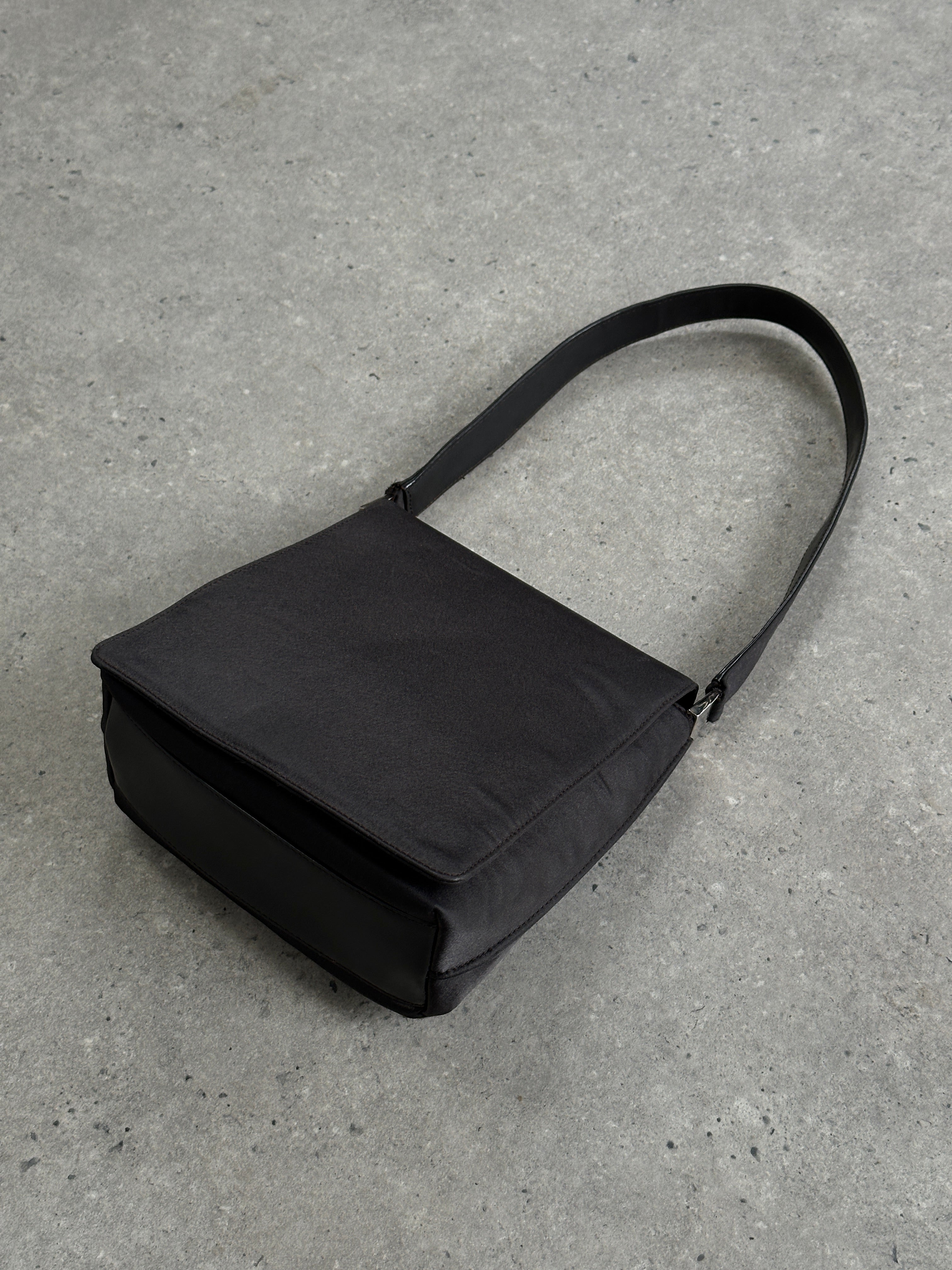 Gucci 2000s satin flap square shoulder bag with gold-tone hardware and adjustable strap, stylish vintage accessory.