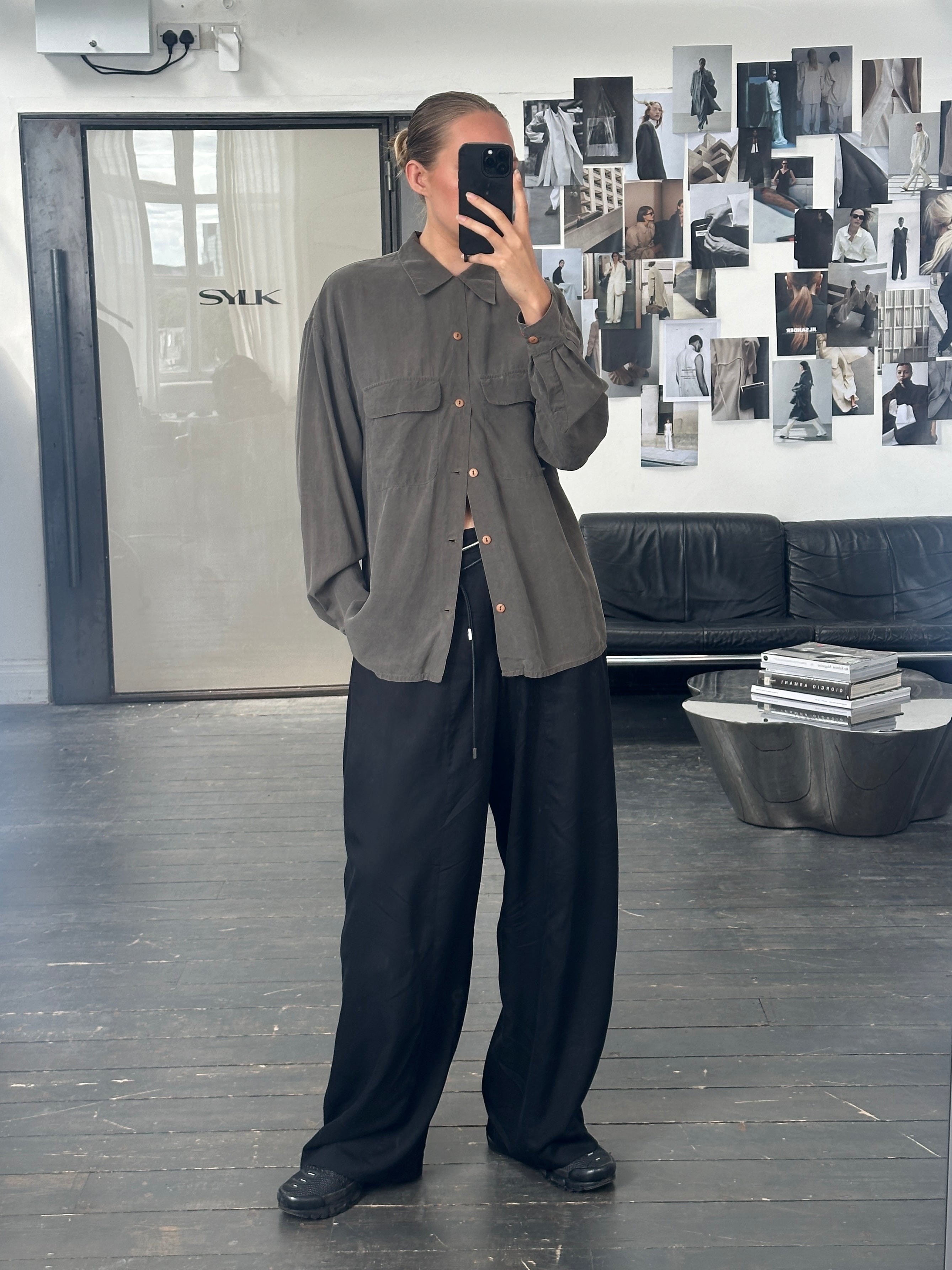 Vintage GUESSILK 1990s pure silk minimal shirt in size large, shown in a light-colored, sleek and simple design.