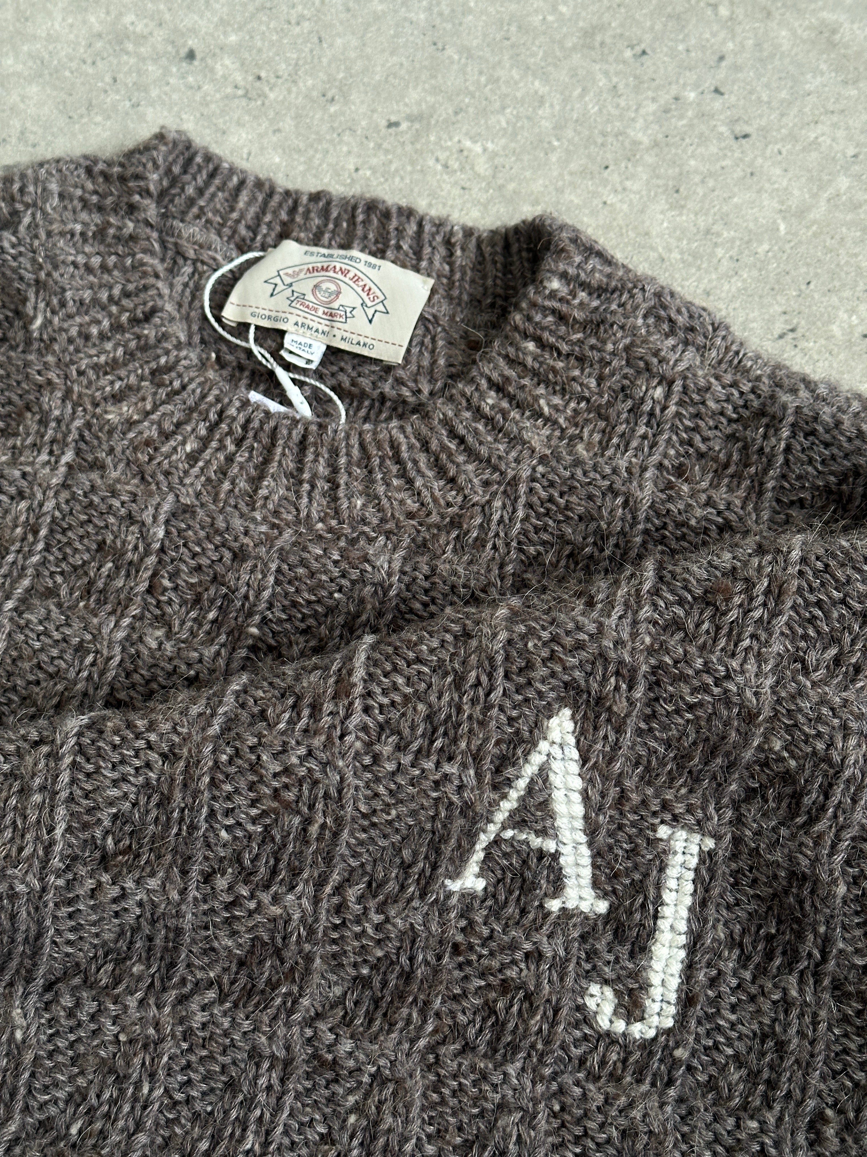 Armani Jeans wool alpaca AJ logo knitted jumper in size L/XL, featuring a cozy knit with Armani branding and logo detail.