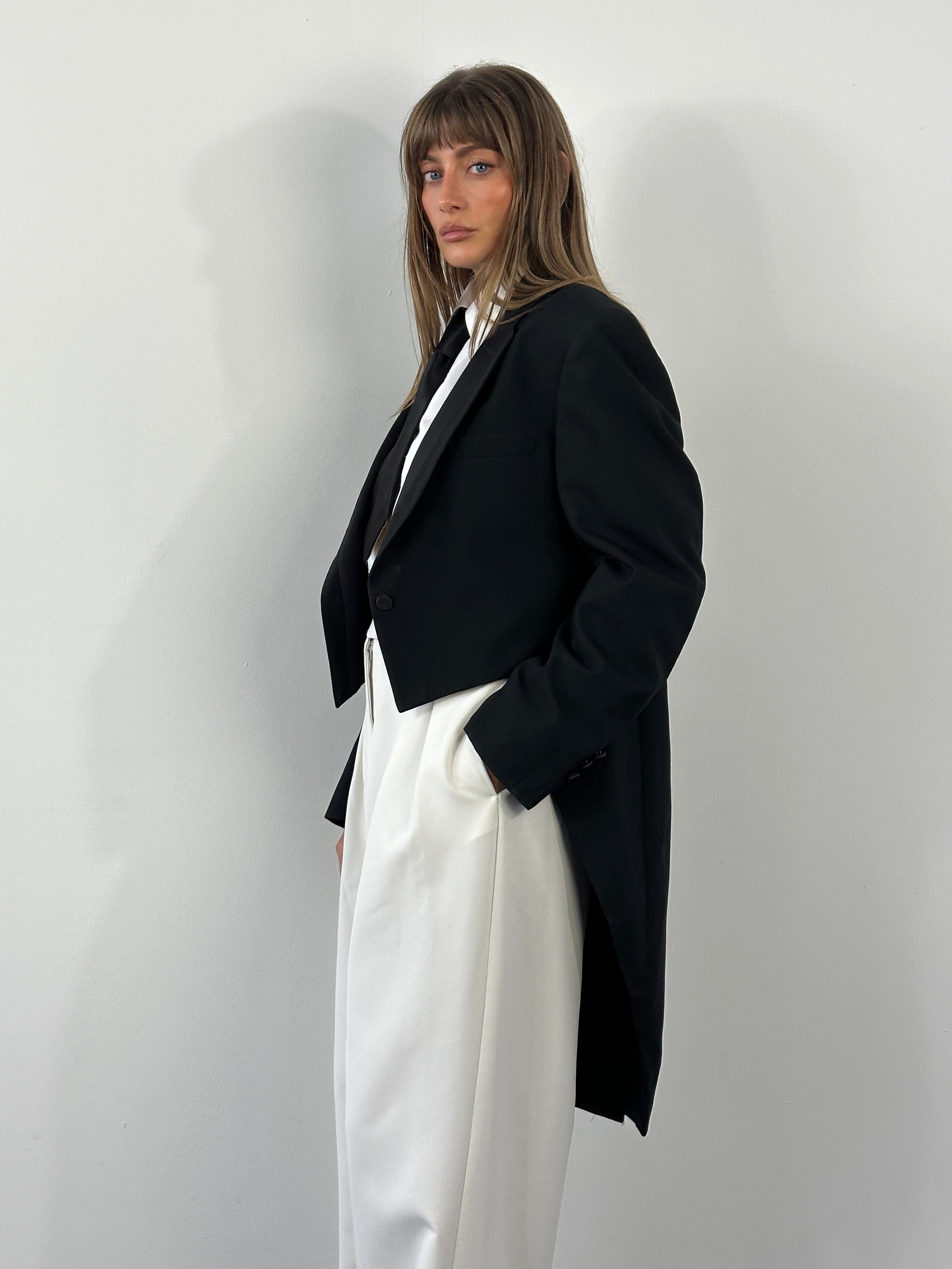 Christian Dior Grand Luxe 1980s tuxedo blazer with wool satin tailcoat, size 39R/L, elegant vintage men's formal wear