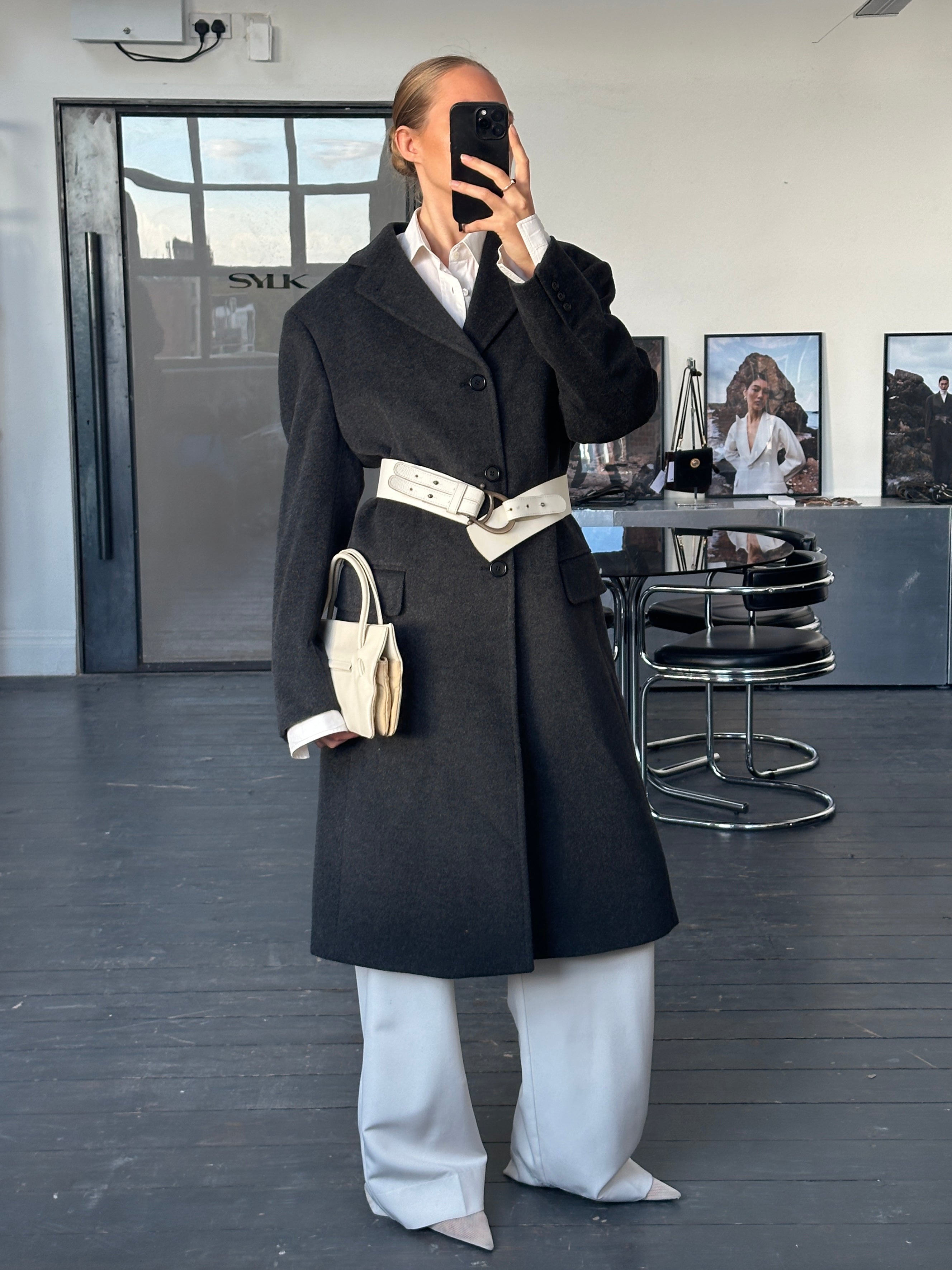 Vintage Italian 1990s wool and cashmere coat in XL, featuring classic design and cozy fabric, displayed on a hanger.