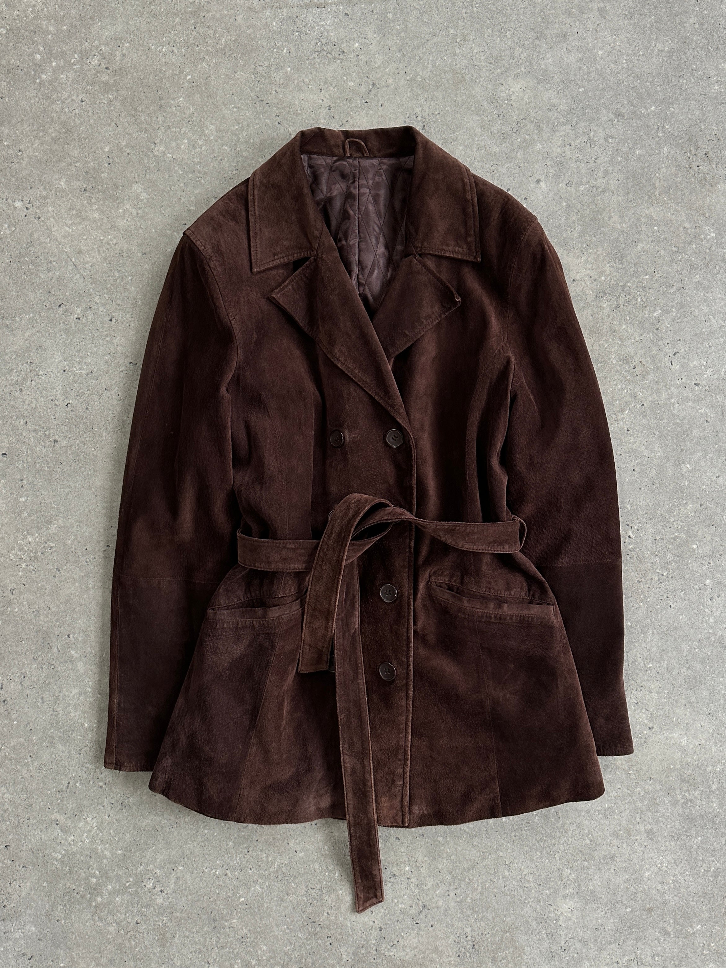 Vintage double-breasted belted suede jacket in size M/L, featuring classic design and rich leather texture.