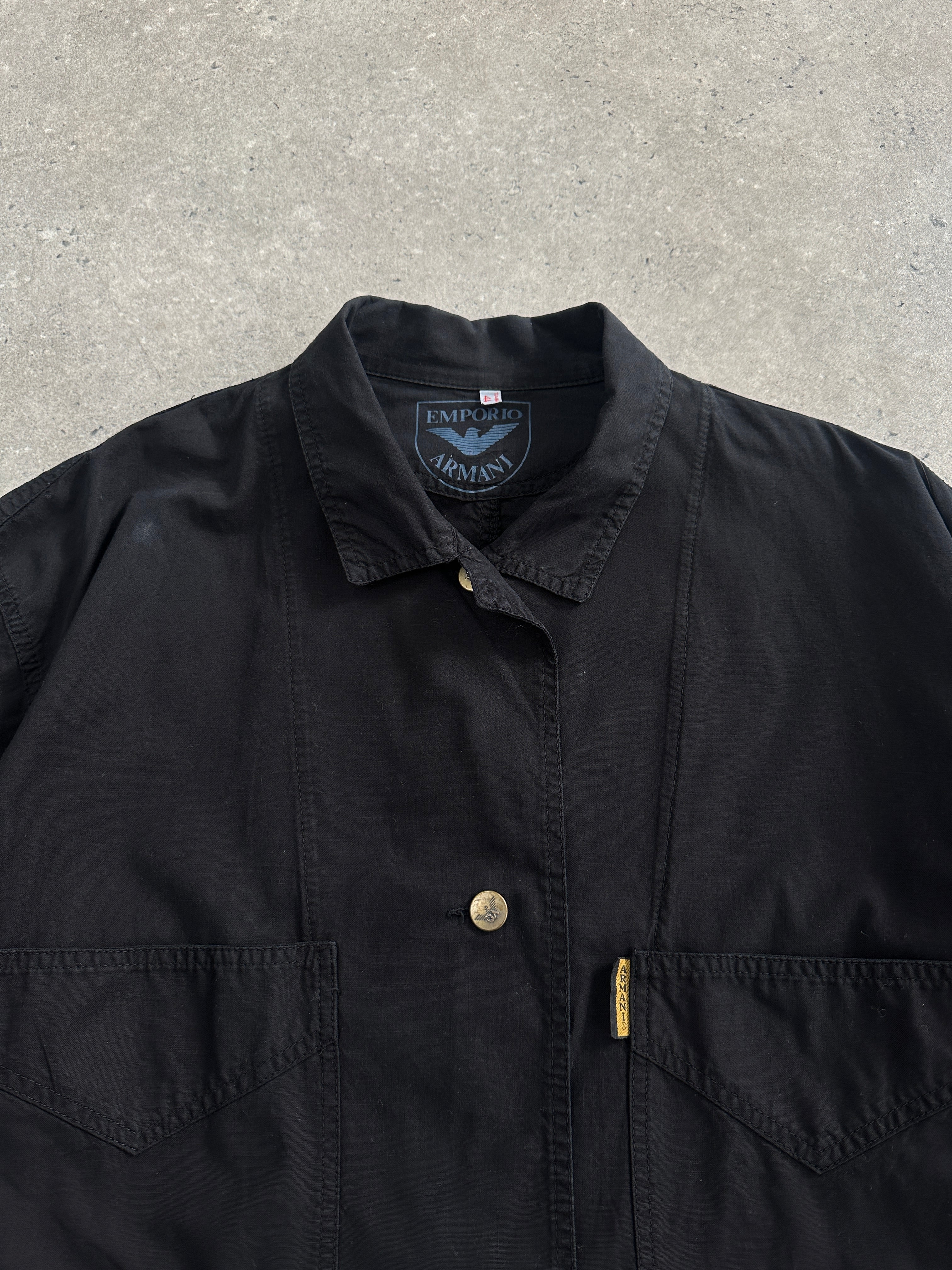 Emporio Armani cotton utility logo jacket in size L, featuring a modern design with front pockets and brand logo details.