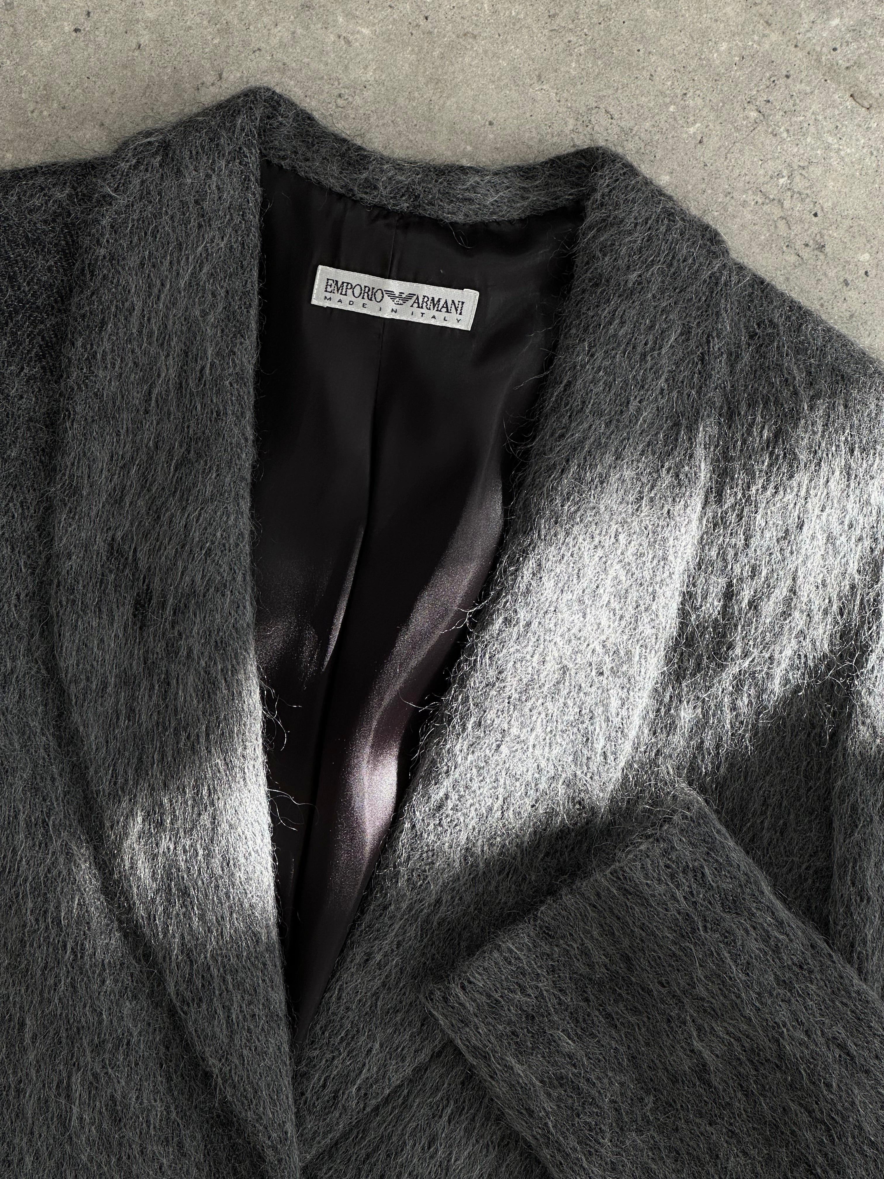 Emporio Armani fuzzy wool mohair single-breasted coat in size M, shown in a stylish view highlighting the coat's texture and design.