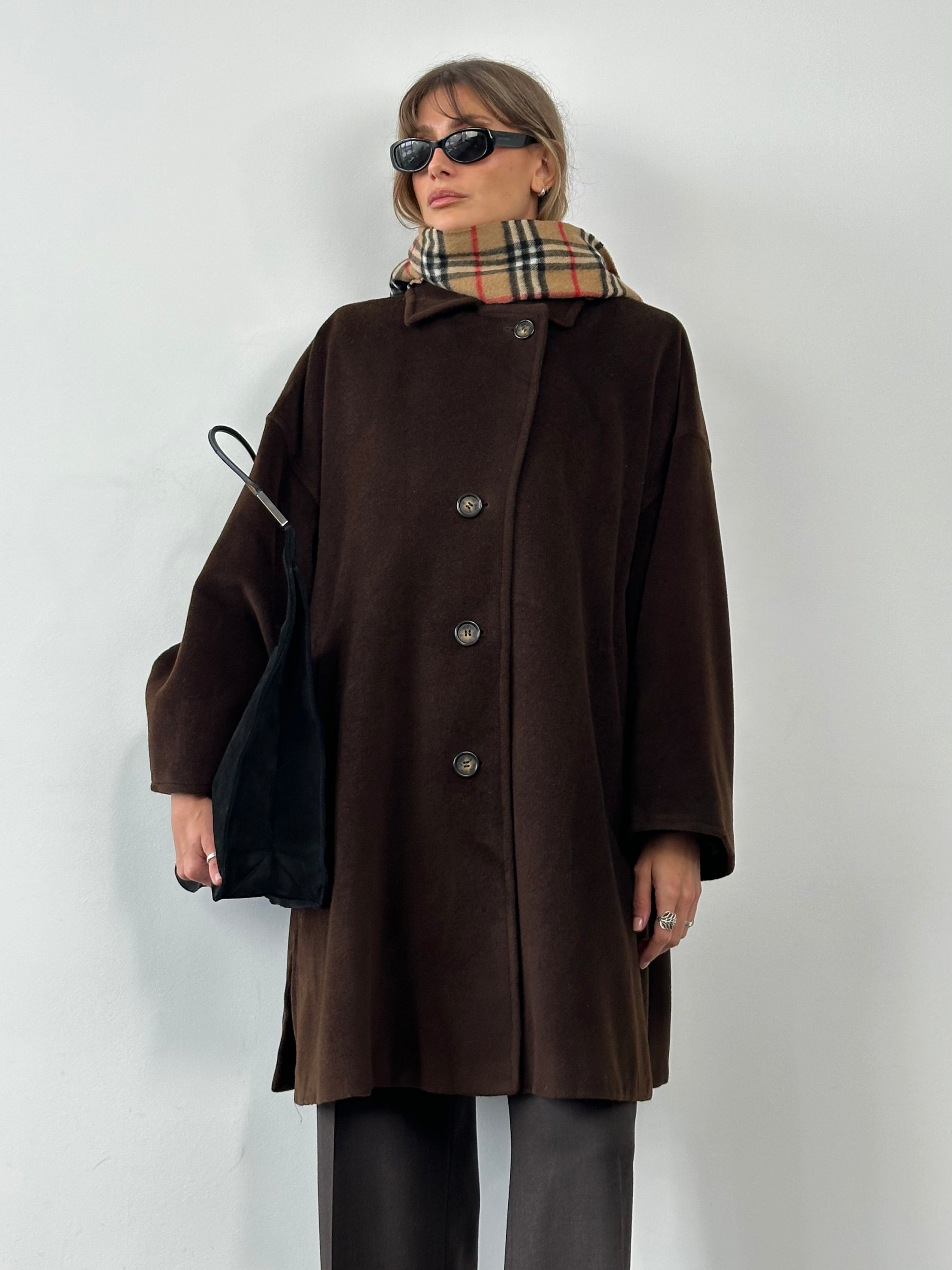 Max Mara pure virgin wool A-line coat in XL size, shown in a classic design with a tailored fit and neutral color.