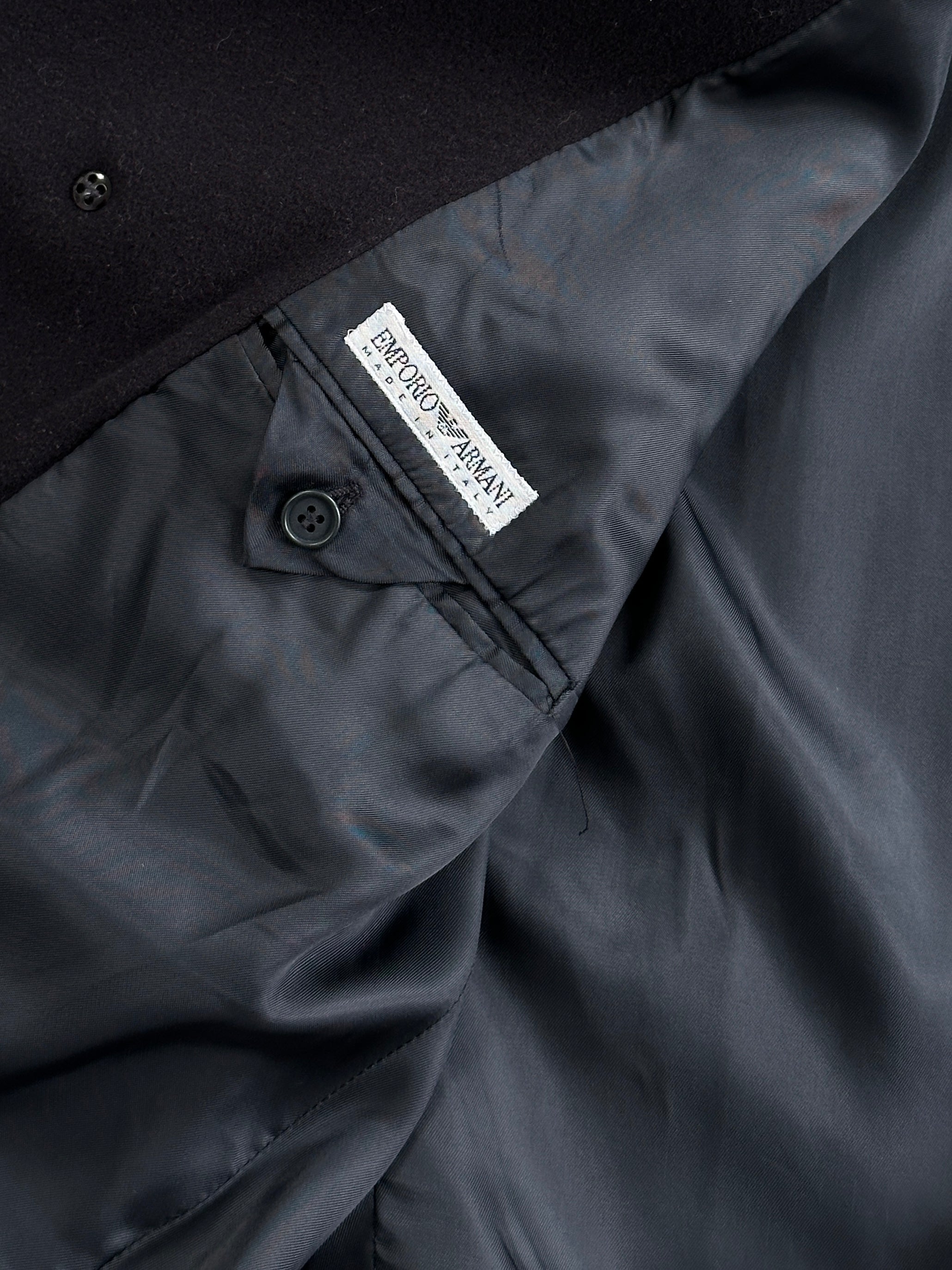 Emporio Armani 1990s wool cashmere single-breasted coat in XL, featuring classic tailored design and neutral color.