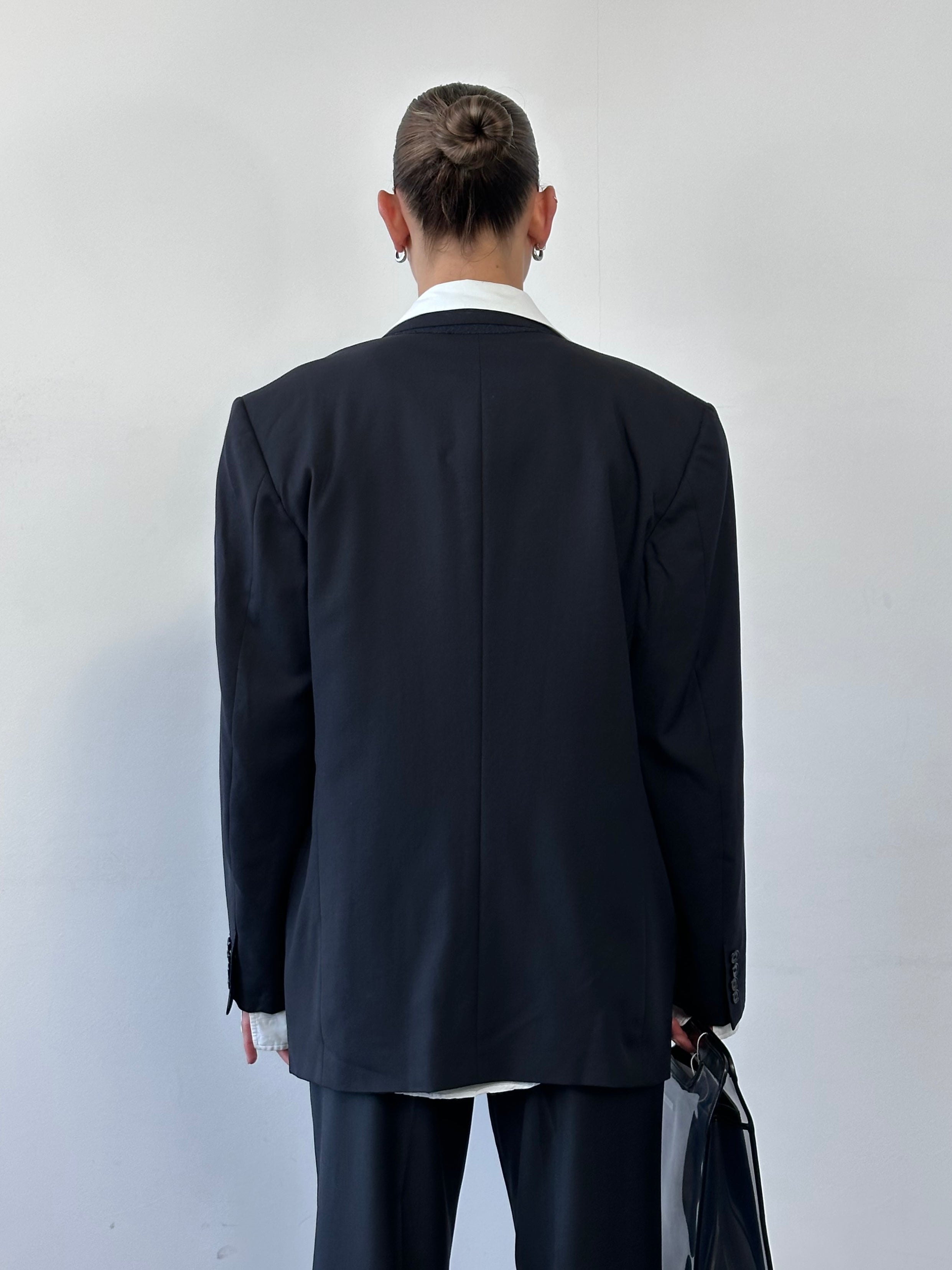 Yves Saint Laurent Diffusion Hommes 1980s pure wool double-breasted blazer, size 42R/XL, in classic black.