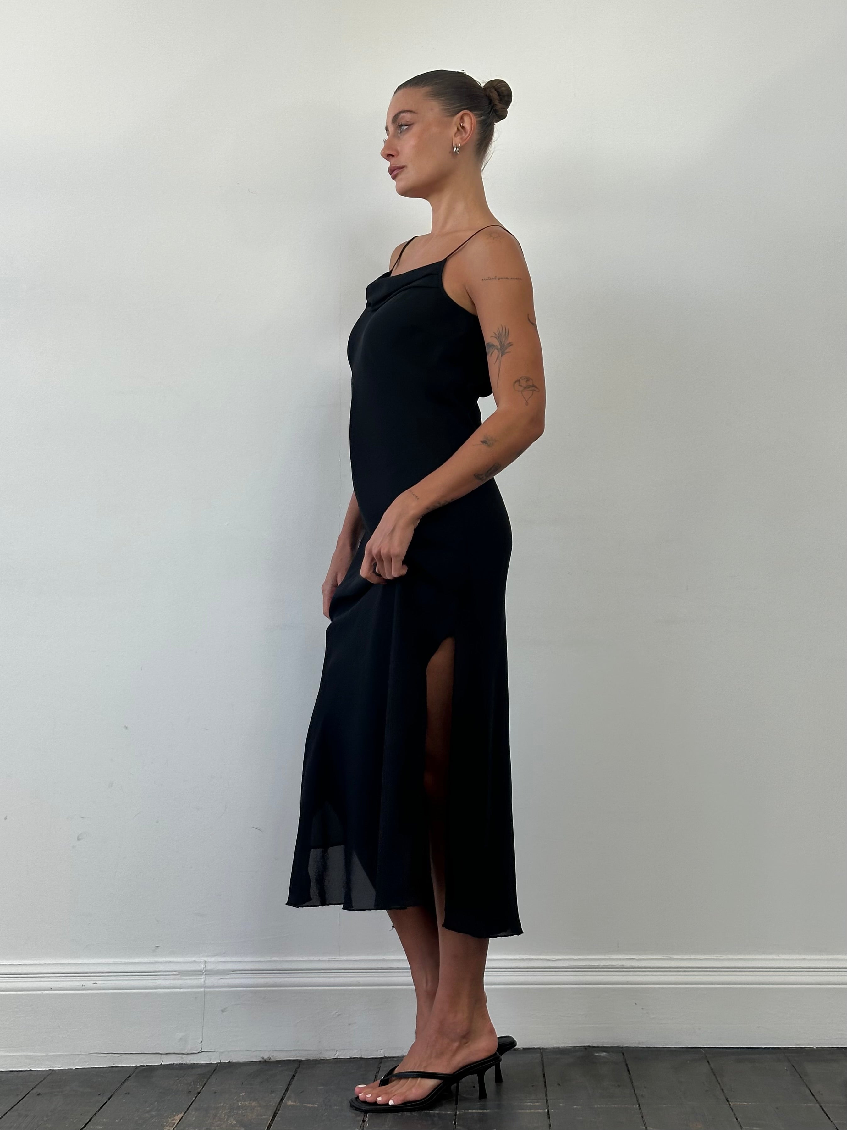 Italian Vintage cowl neck maxi dress in size M, flowing fabric with elegant drape and vintage-inspired design.