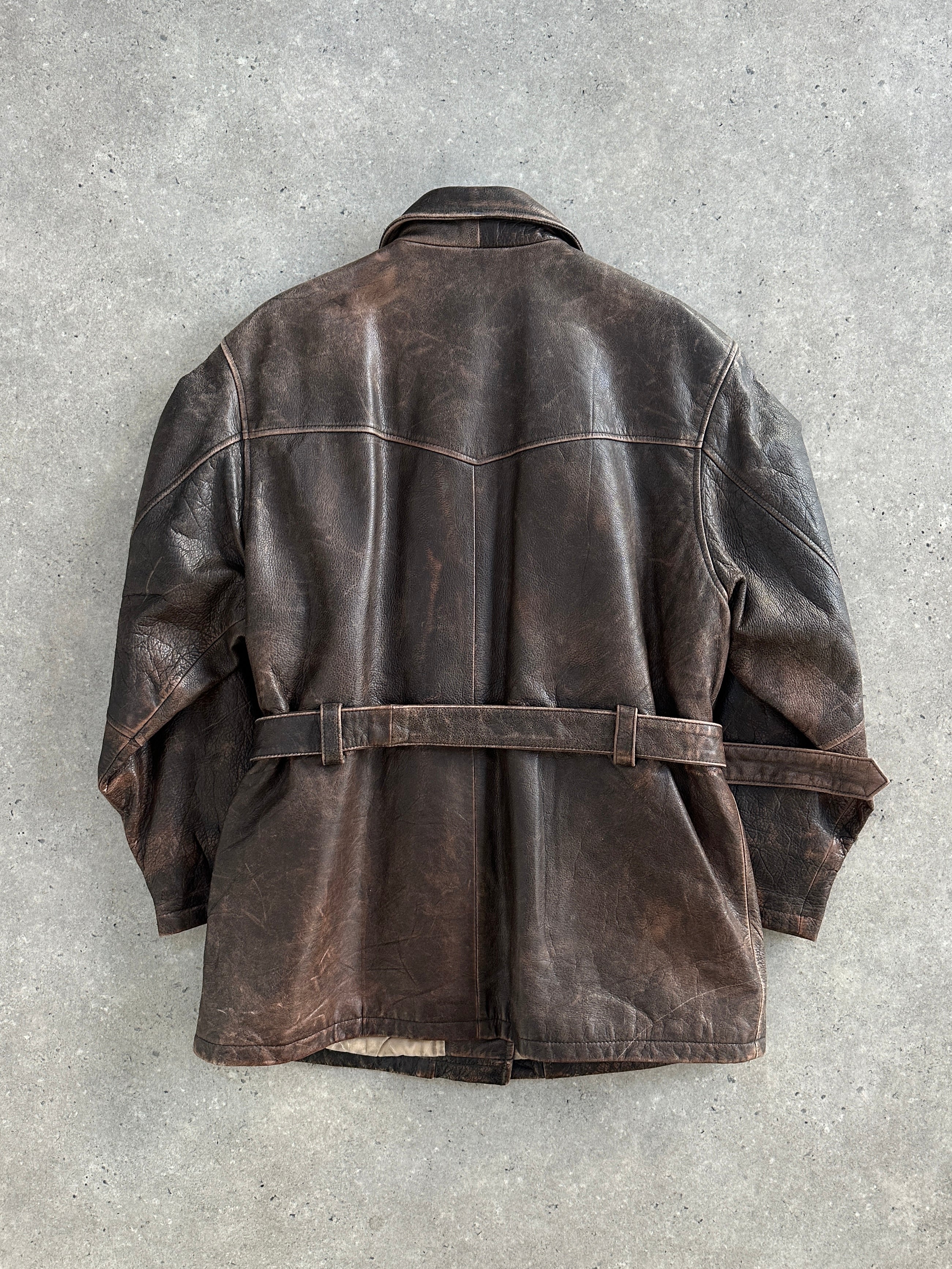 Vintage 1980s belted leather jacket in aged brown leather with classic collar and front pockets, size large.