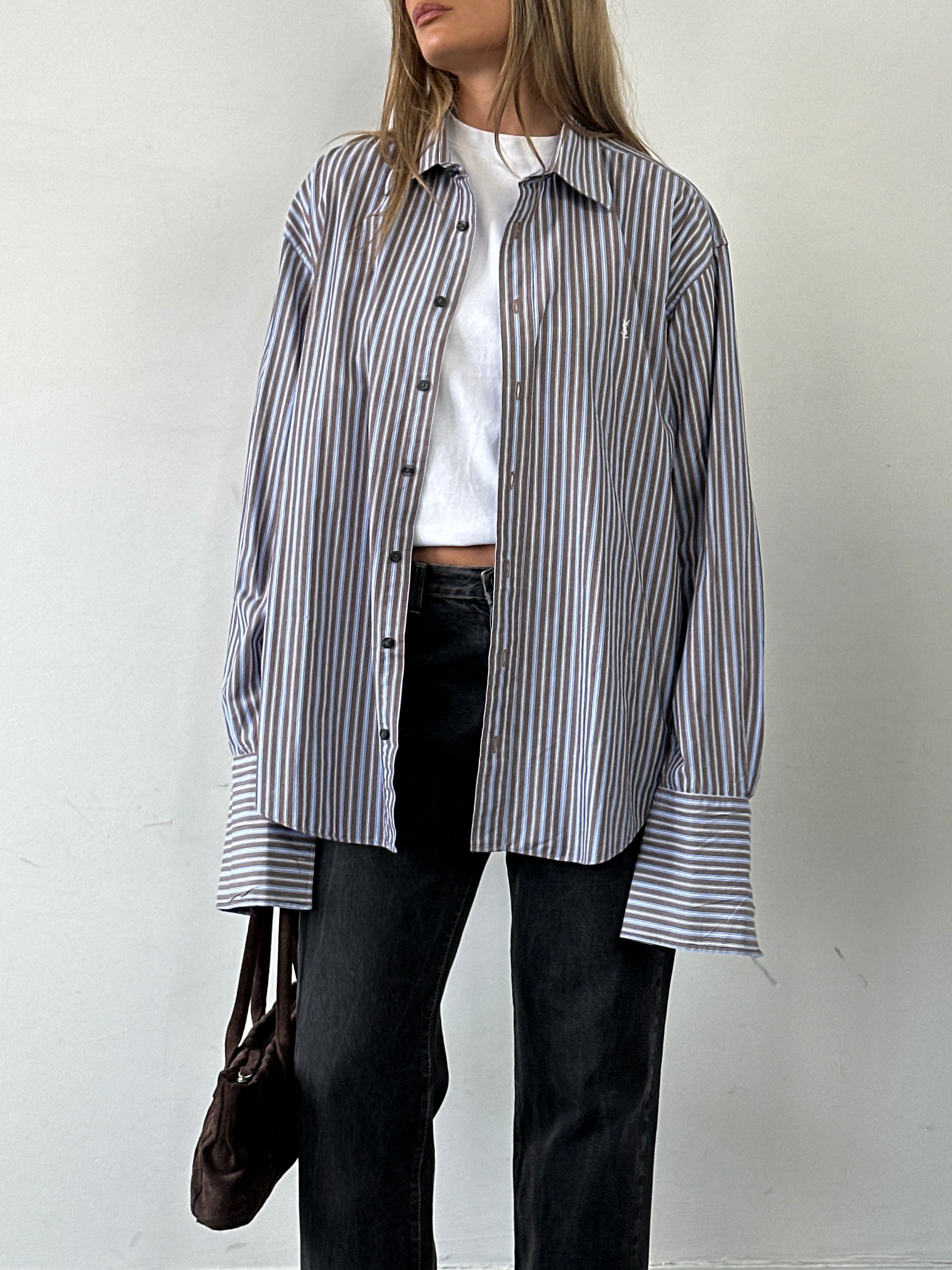 Yves Saint Laurent Pour Homme cotton dress shirt in XL/XXL with white and navy blue stripes and logo detail.