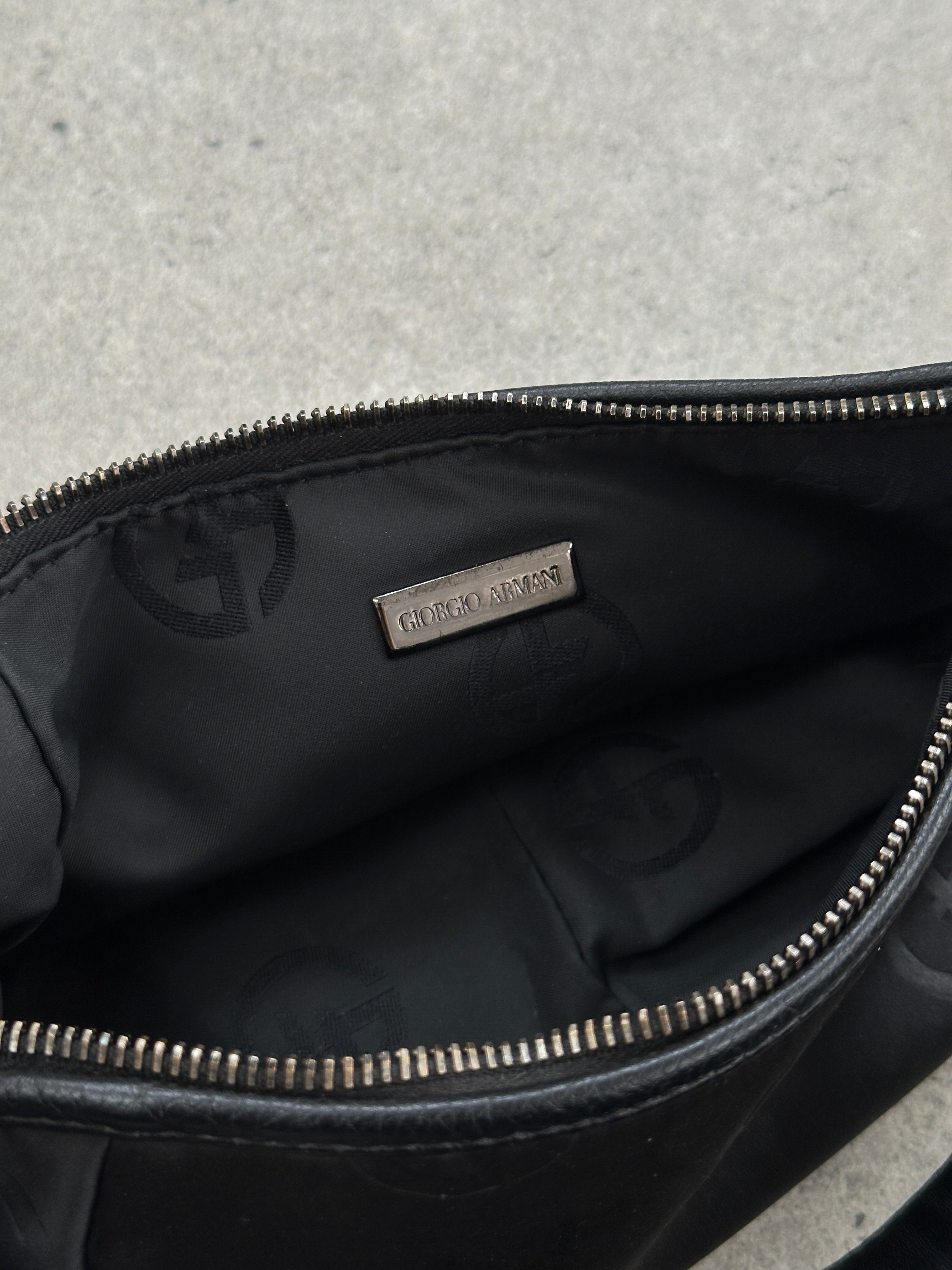 Giorgio Armani 2000s GA Monogram Baguette Bag with signature pattern and sleek design, featuring a gold chain strap and classic style.