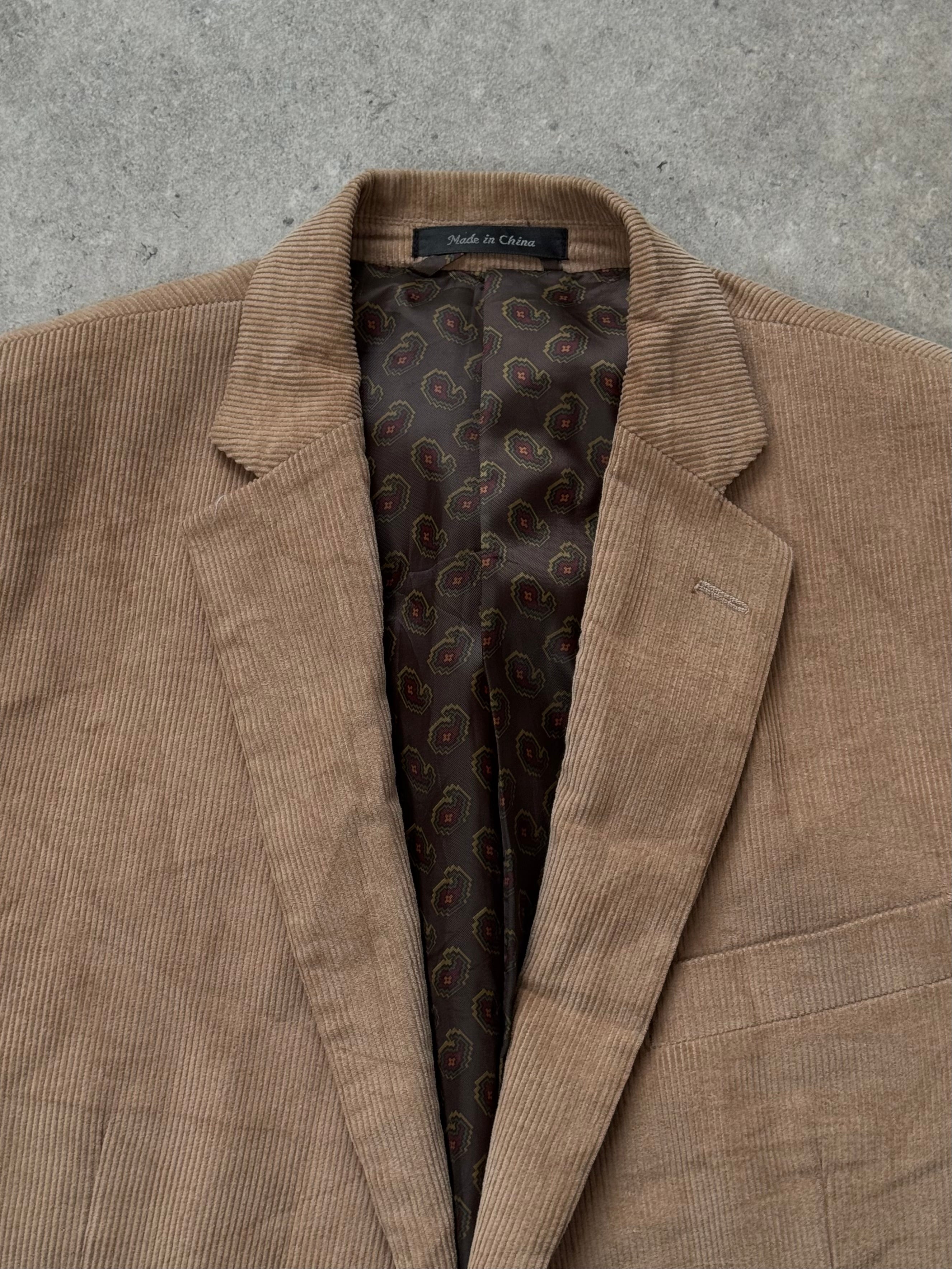 Chaps 2000s corduroy single-breasted blazer in size 40R/L, navy blue, with notch lapel and button front, tailored fit.