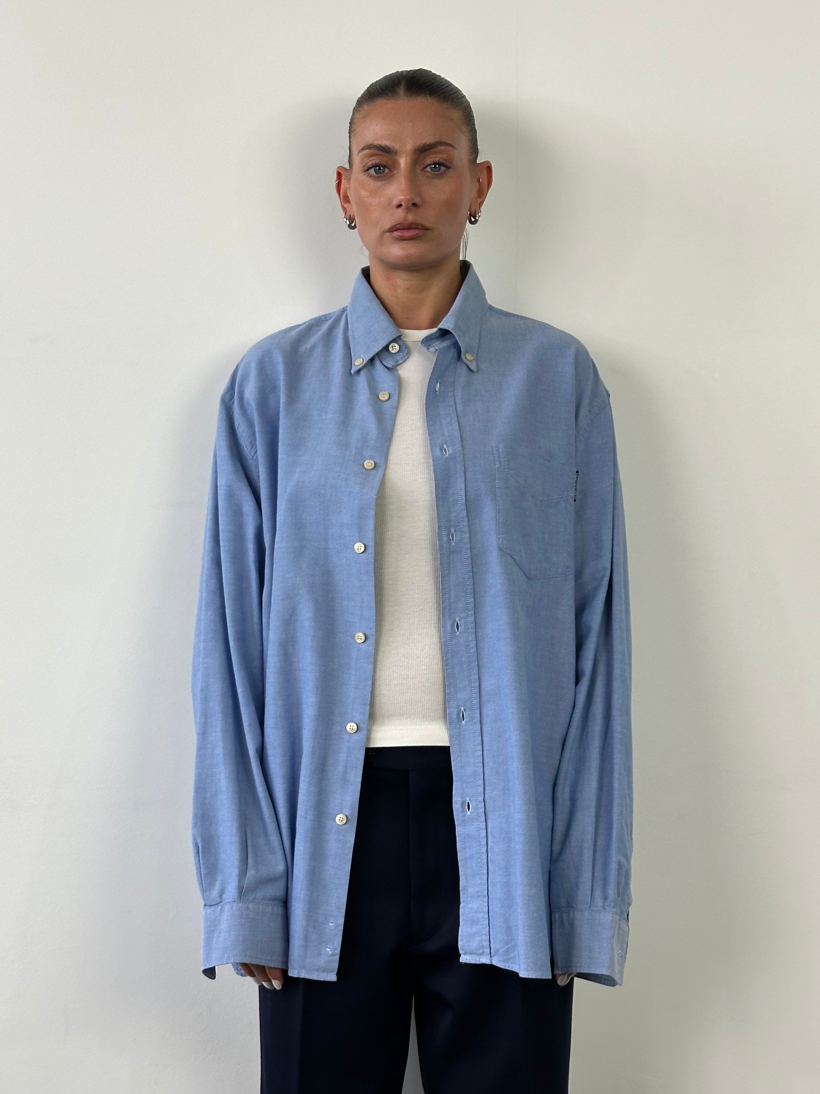 Valentino 1990s pure cotton logo shirt in XL, featuring classic design and branding, displayed on a hanger.