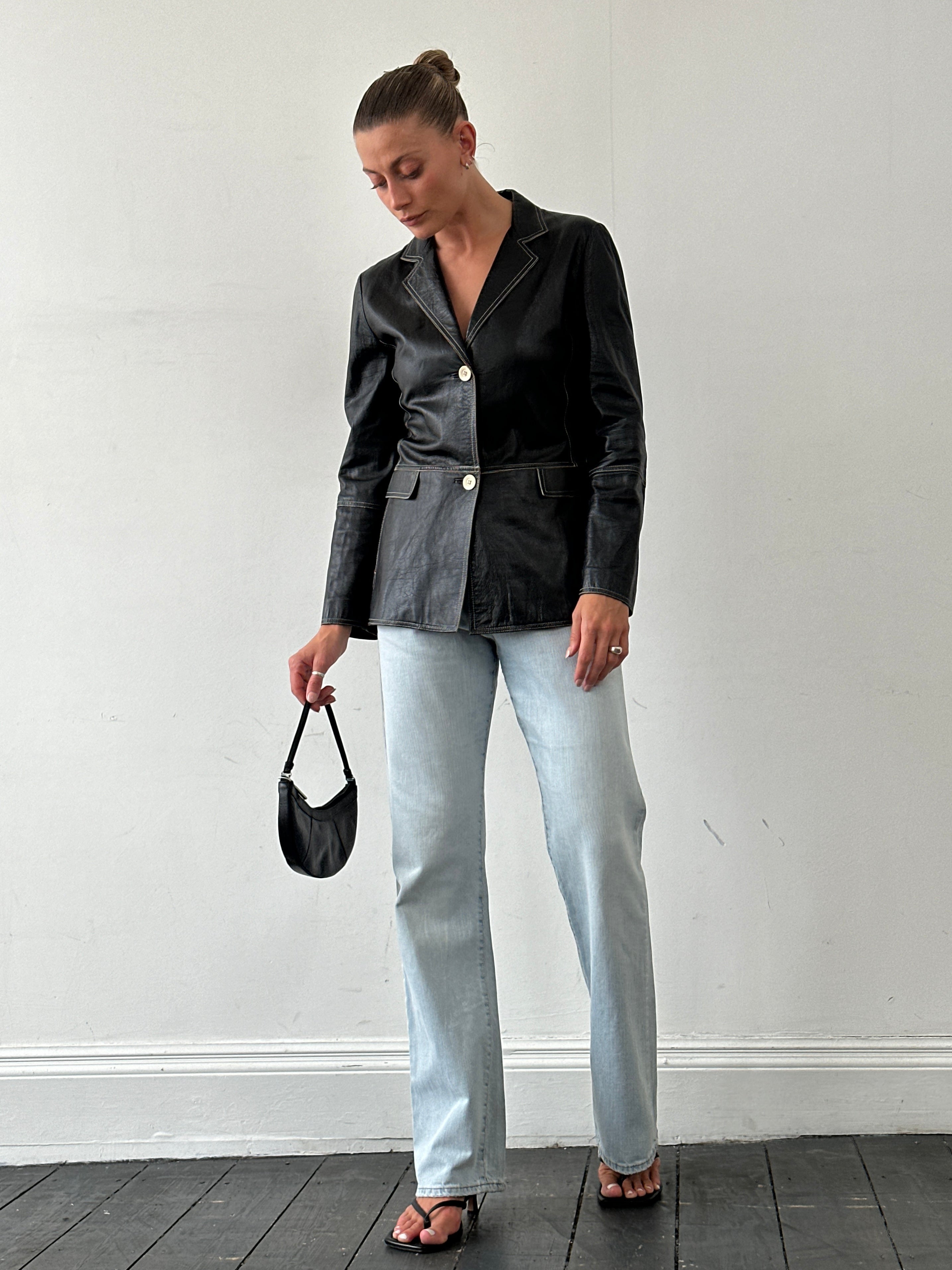 Marella contrast stitch leather jacket in size S, featuring stylish detailing and a classic design.