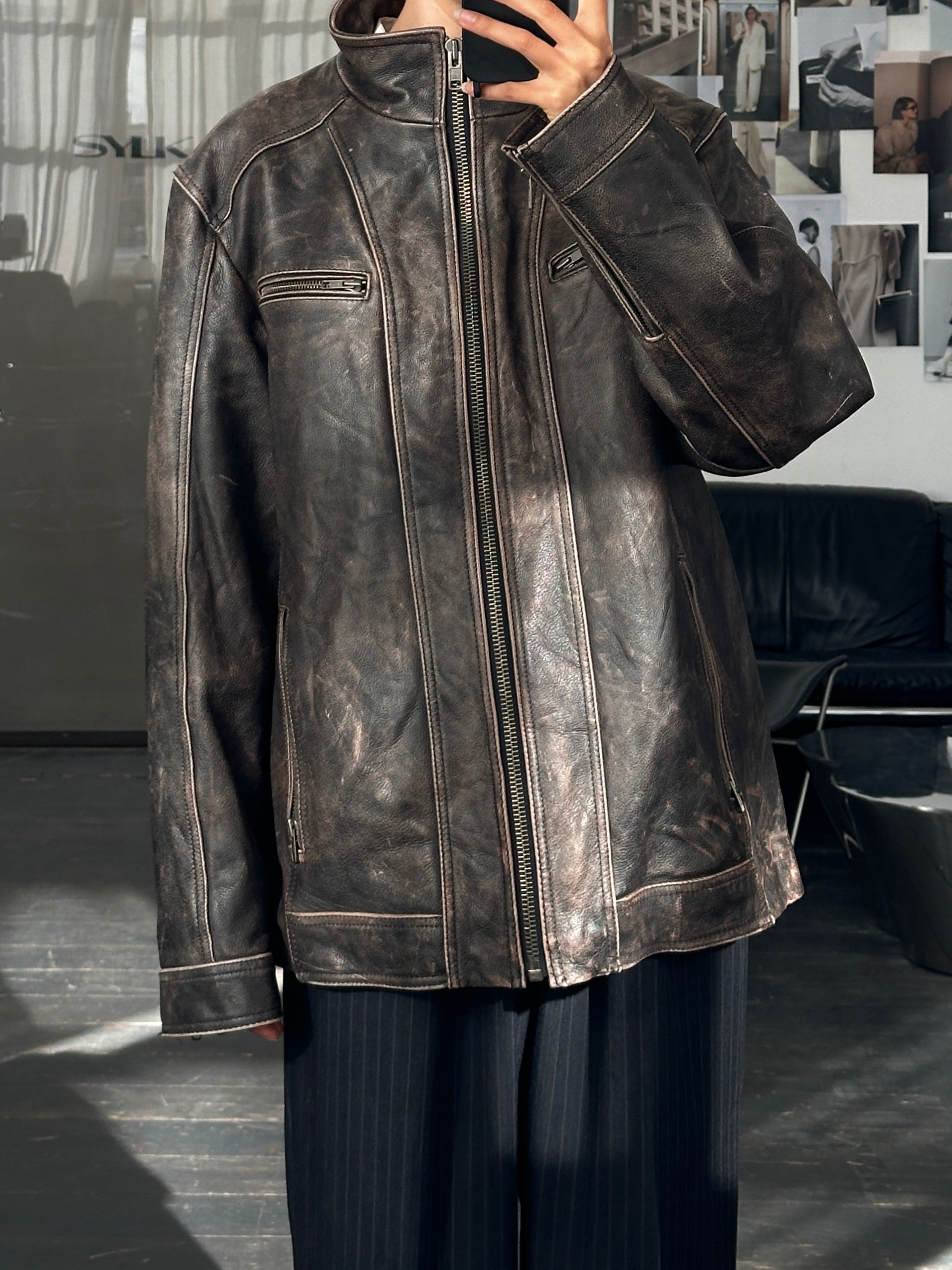 Vintage 2000s distressed high neck leather jacket in XL with rugged style and textured leather details.