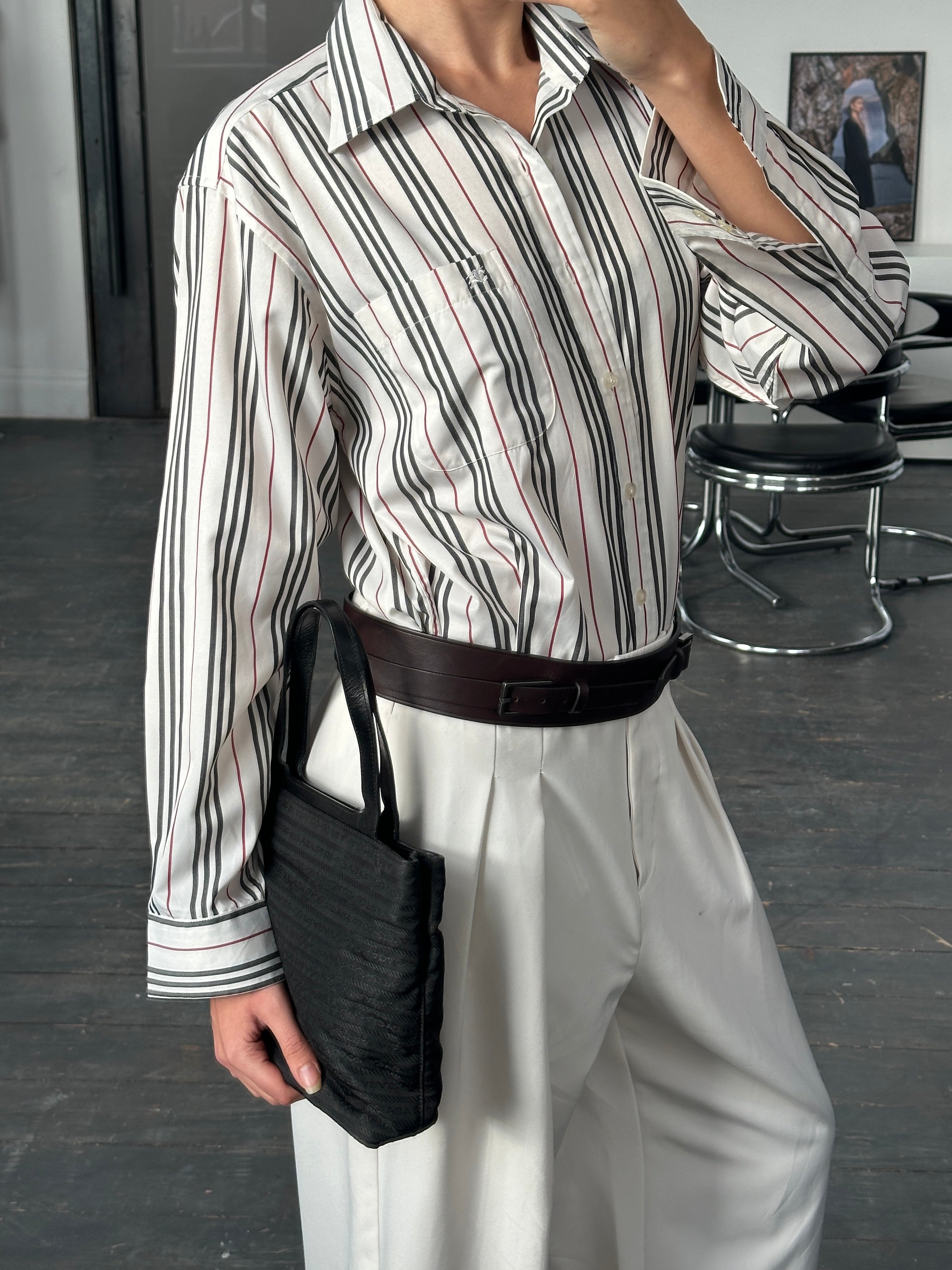 Burberry London 1990s striped cotton logo shirt, M/L, featuring classic Burberry design and logo on the front.