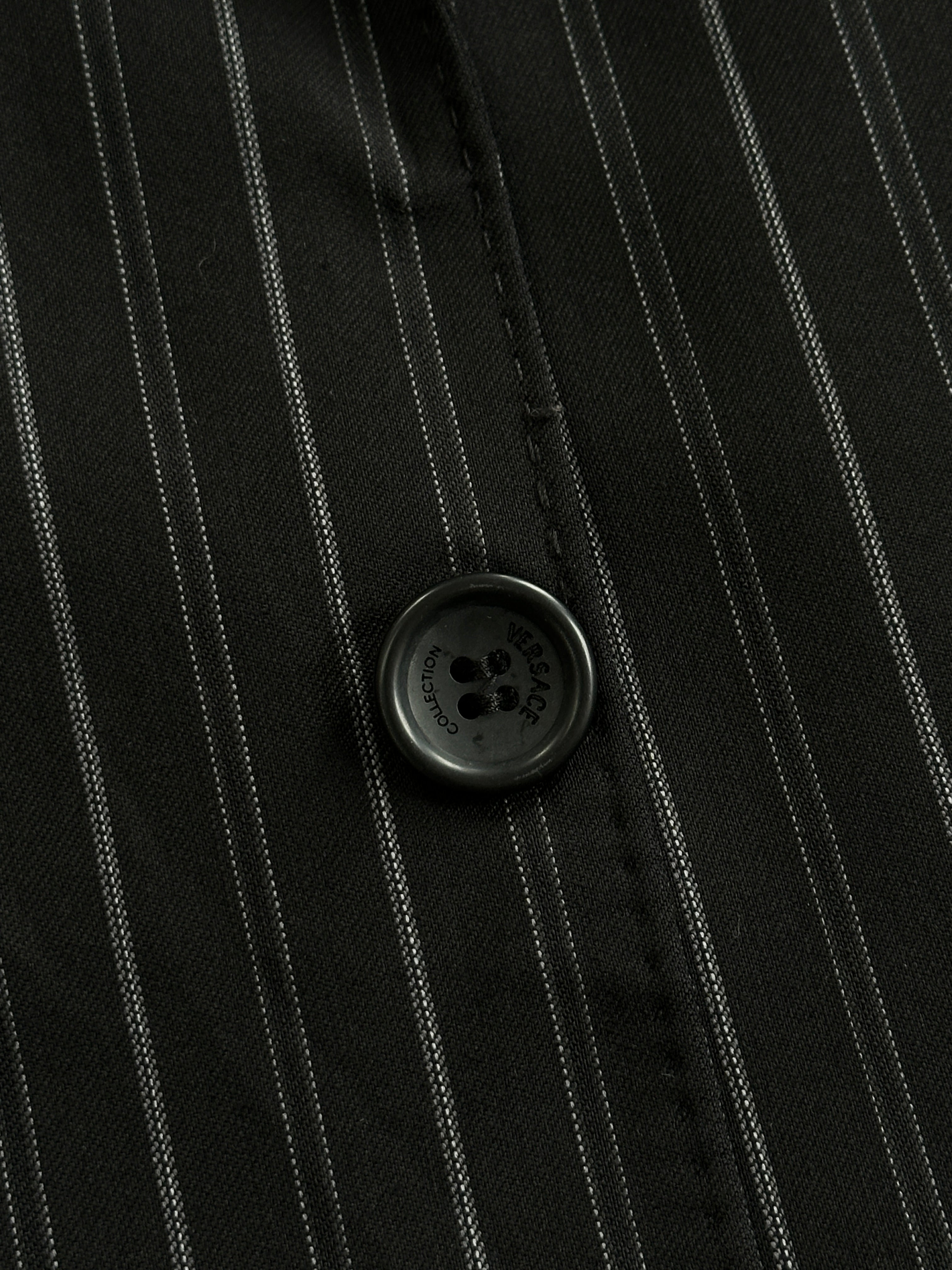 Versace Collection 2000s stripe pure wool single-breasted blazer in size 46R/XL, featuring a classic tailored fit with bold stripe pattern.