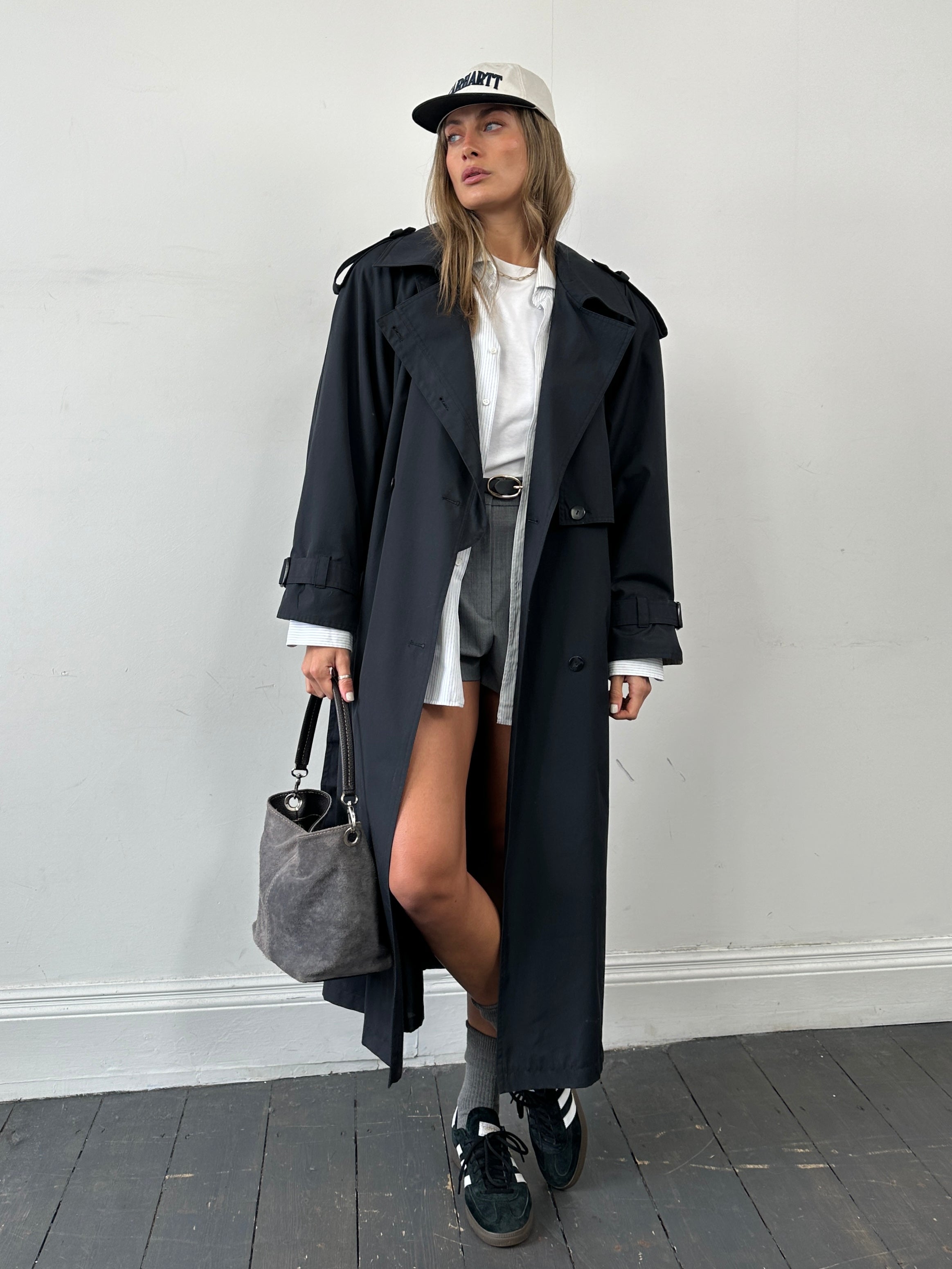 Vintage double-breasted floor-length belted trench coat in XL, featuring classic style and timeless design.