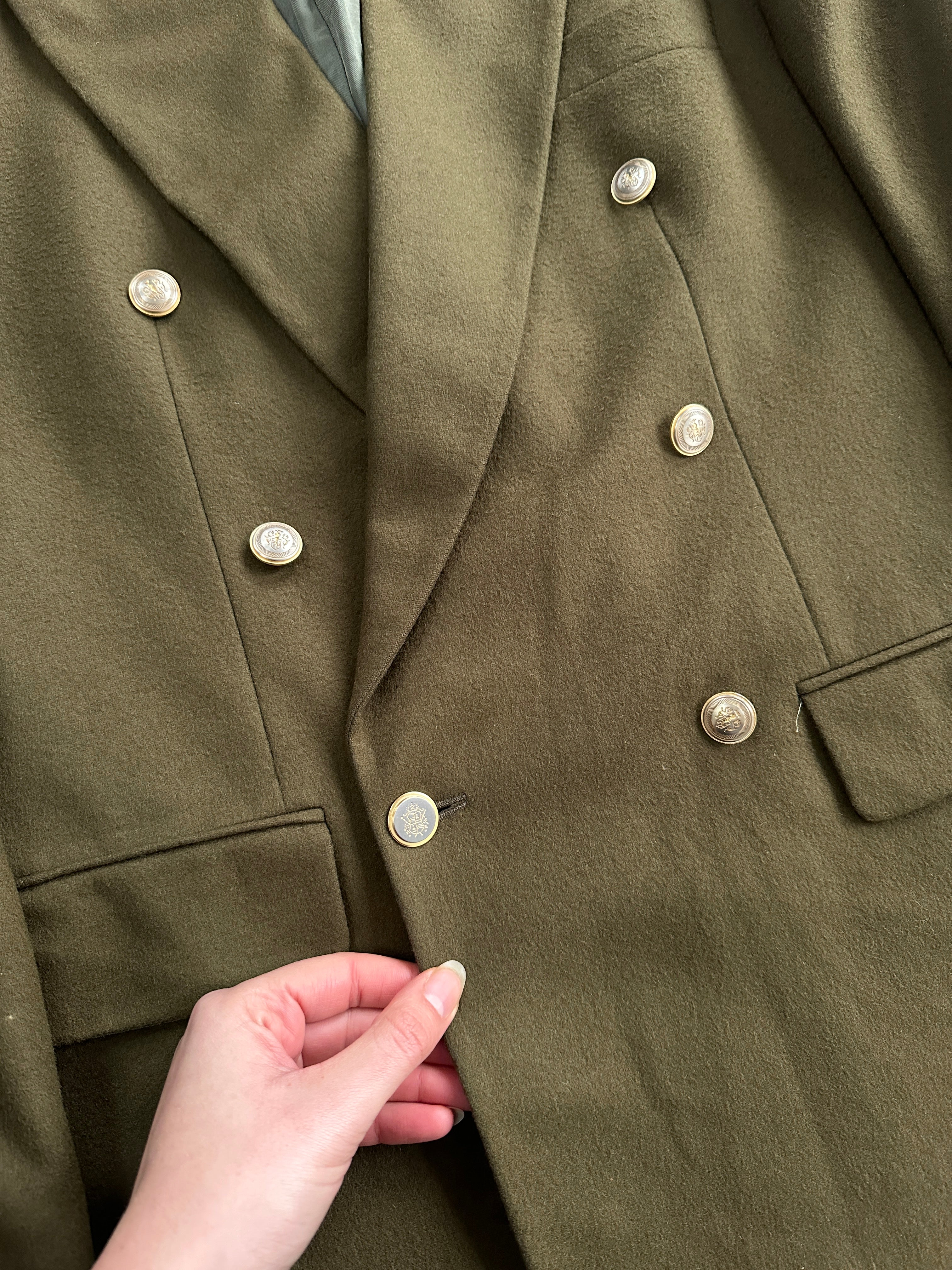 Vintage wool and cashmere double-breasted blazer in size 40R/XL, featuring bespoke tailored buttons and classic style.