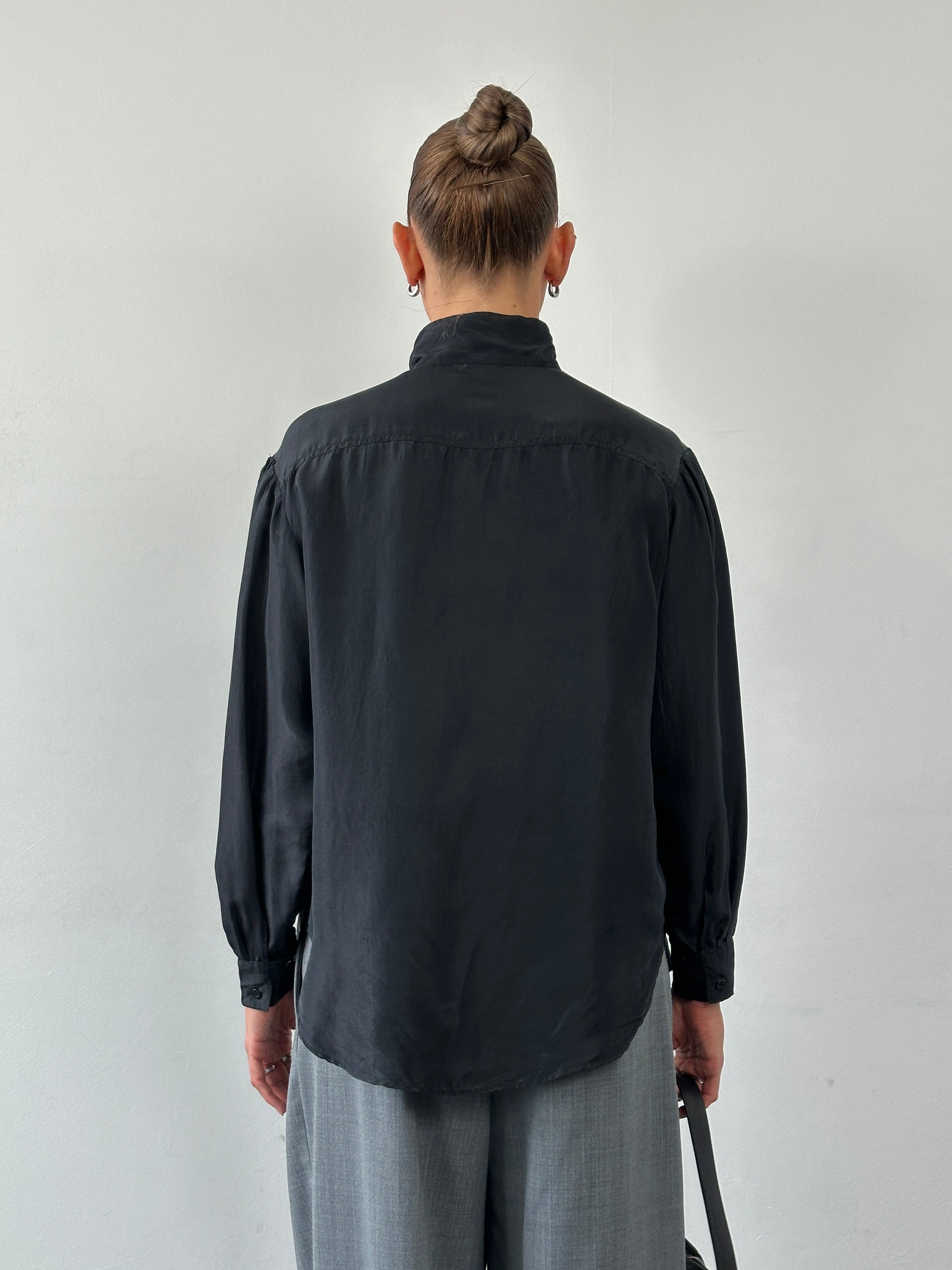 Vintage pure silk high neck shirt in ivory, featuring a classic collar and long sleeves, displayed on a neutral background.