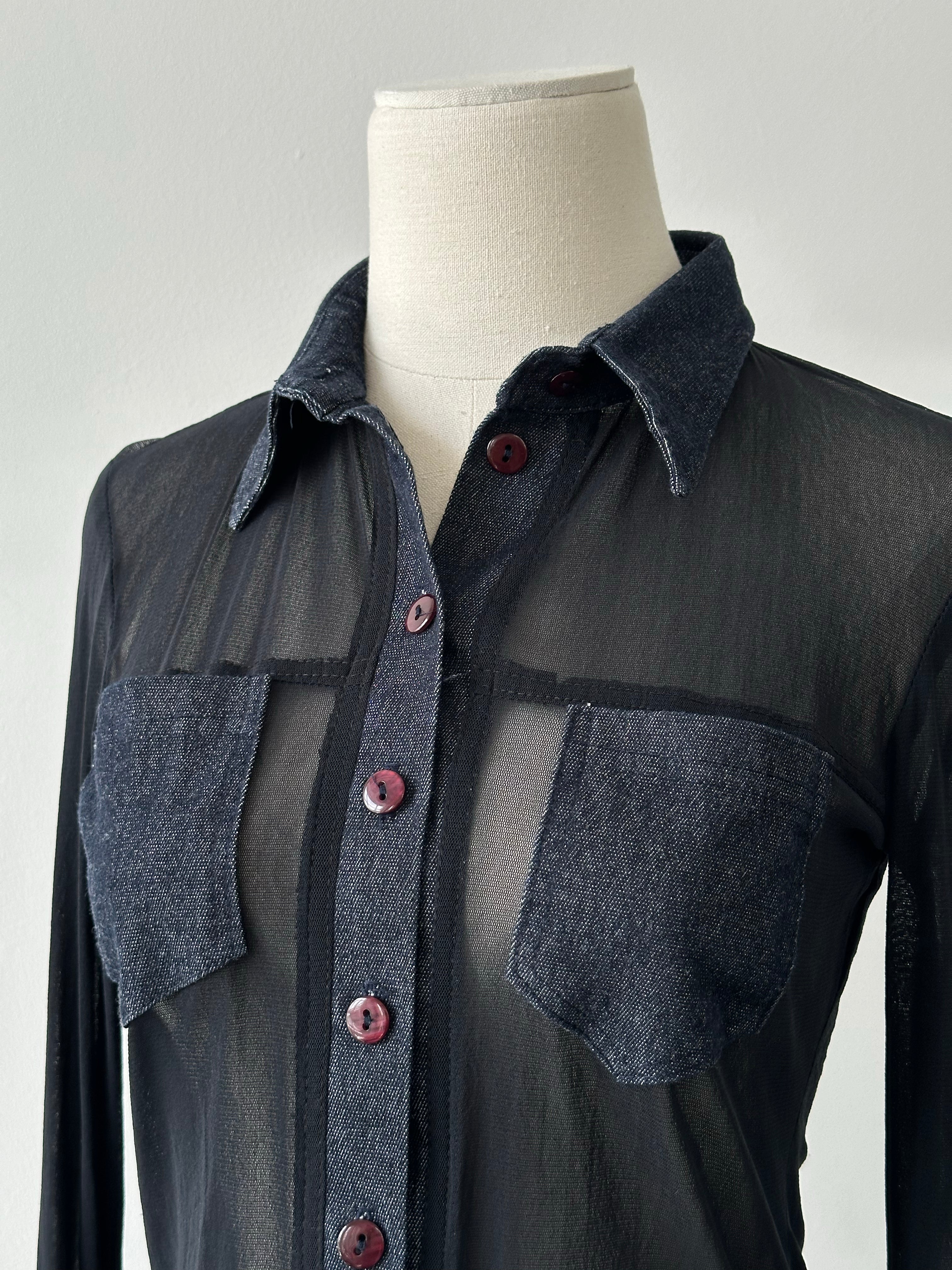 Vintage 1990s Denim Fitted Sheer Shirt - XS-S