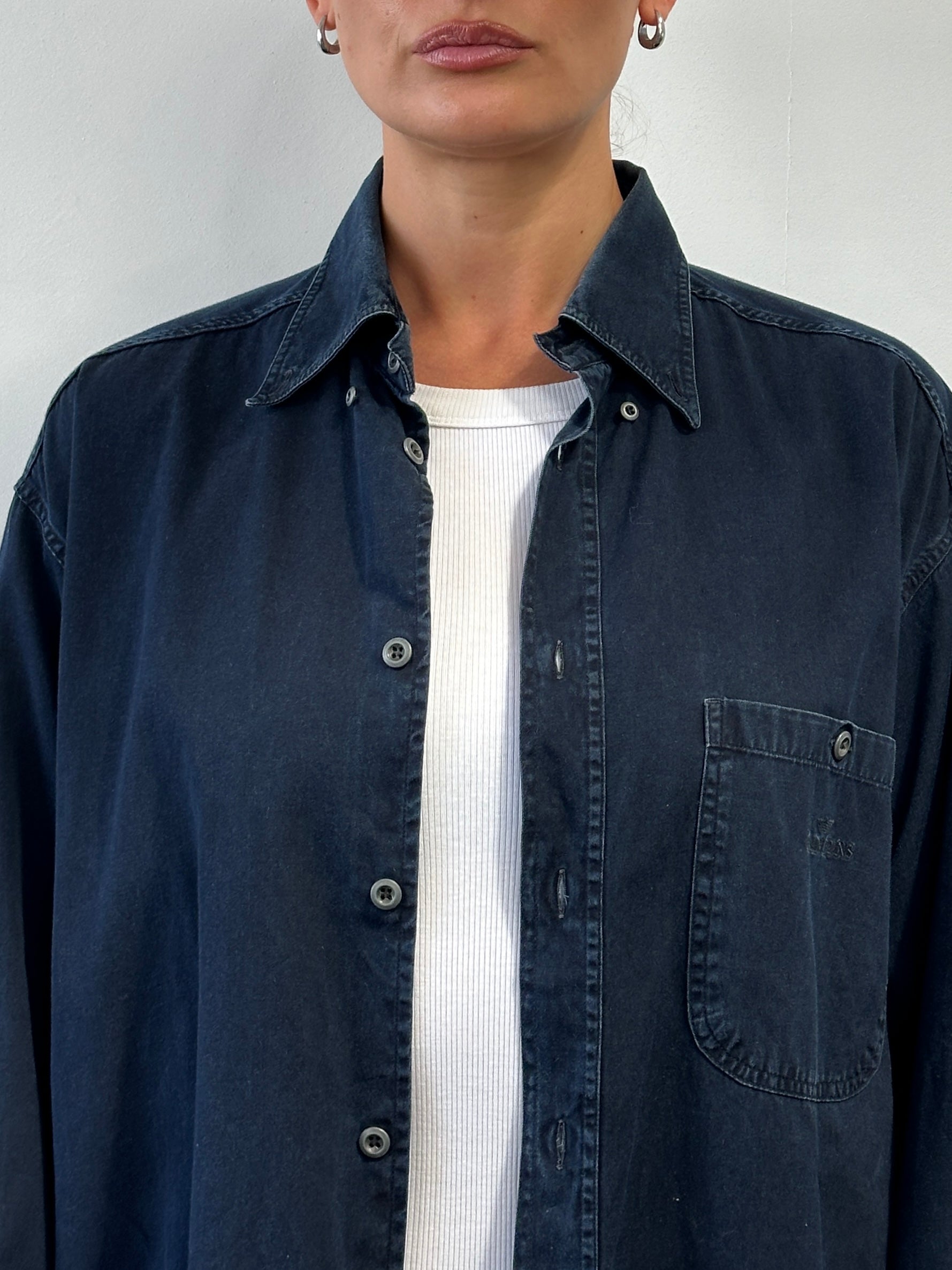 Armani Jeans 1990s pure cotton denim logo shirt in XL, featuring classic denim fabric and iconic branding details.