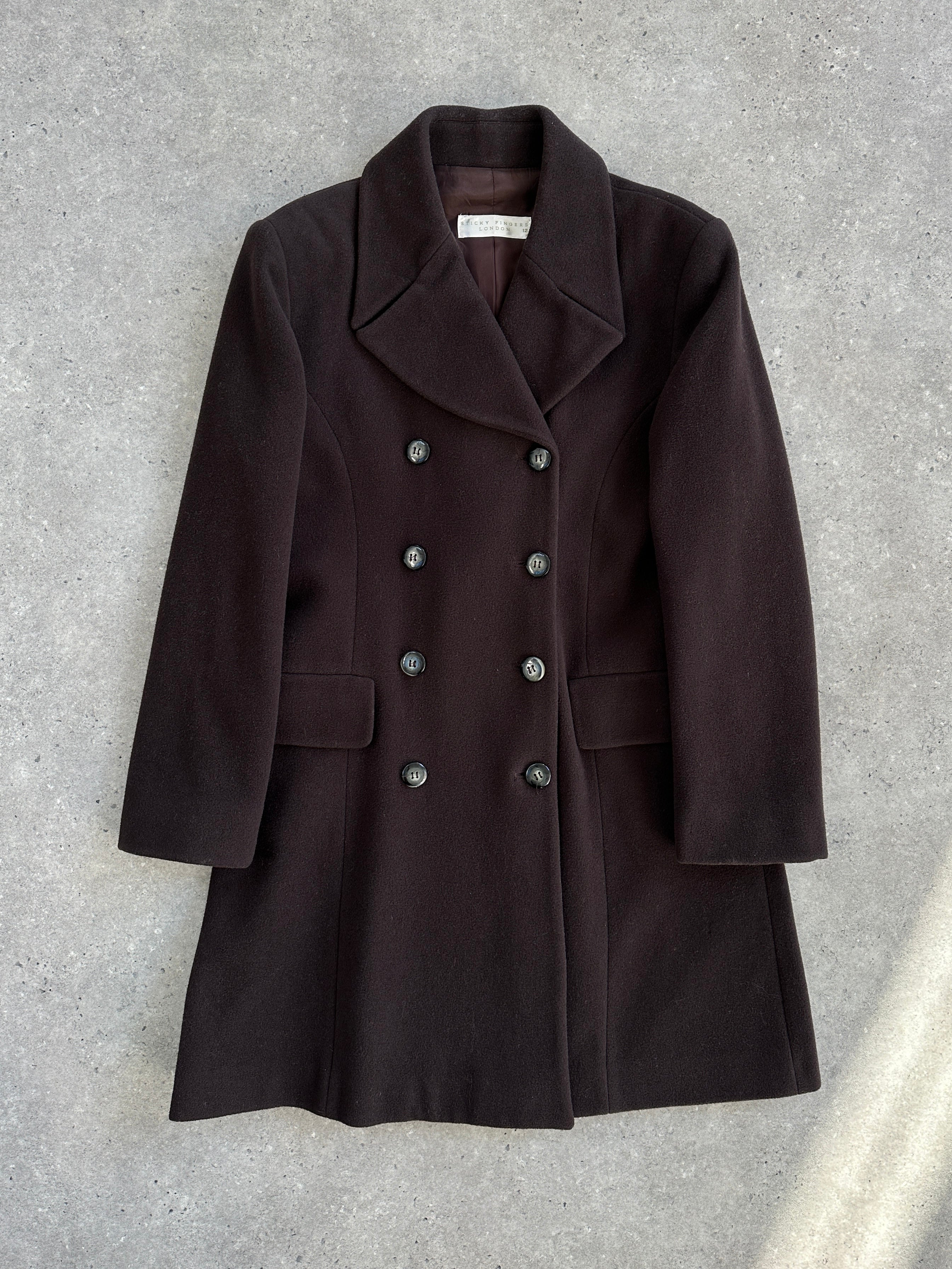 Vintage 1990s wool cashmere double-breasted coat, medium size, with classic tailored design and textured fabric.
