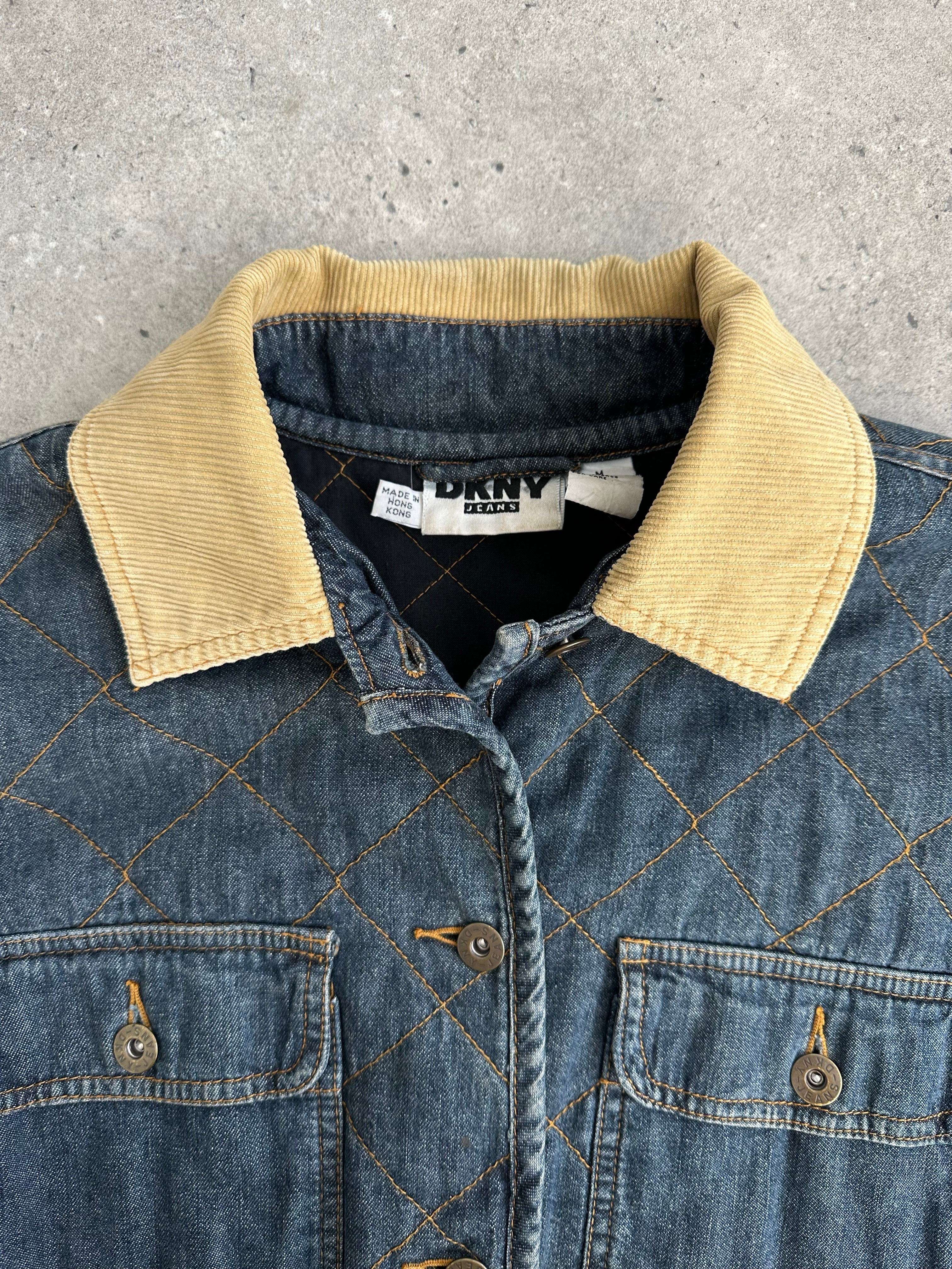 DKNY Jeans 1990s pure cotton jacket in size L, shown on a hanger with a classic denim style and button closure.