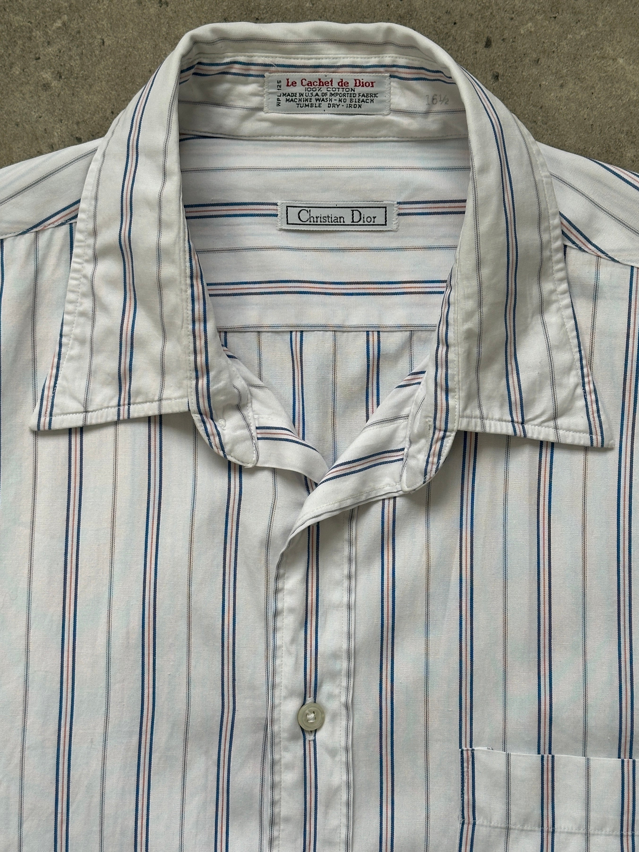 Christian Dior 1980s stripe cotton logo shirt, men's size L, featuring bold pattern and classic design.