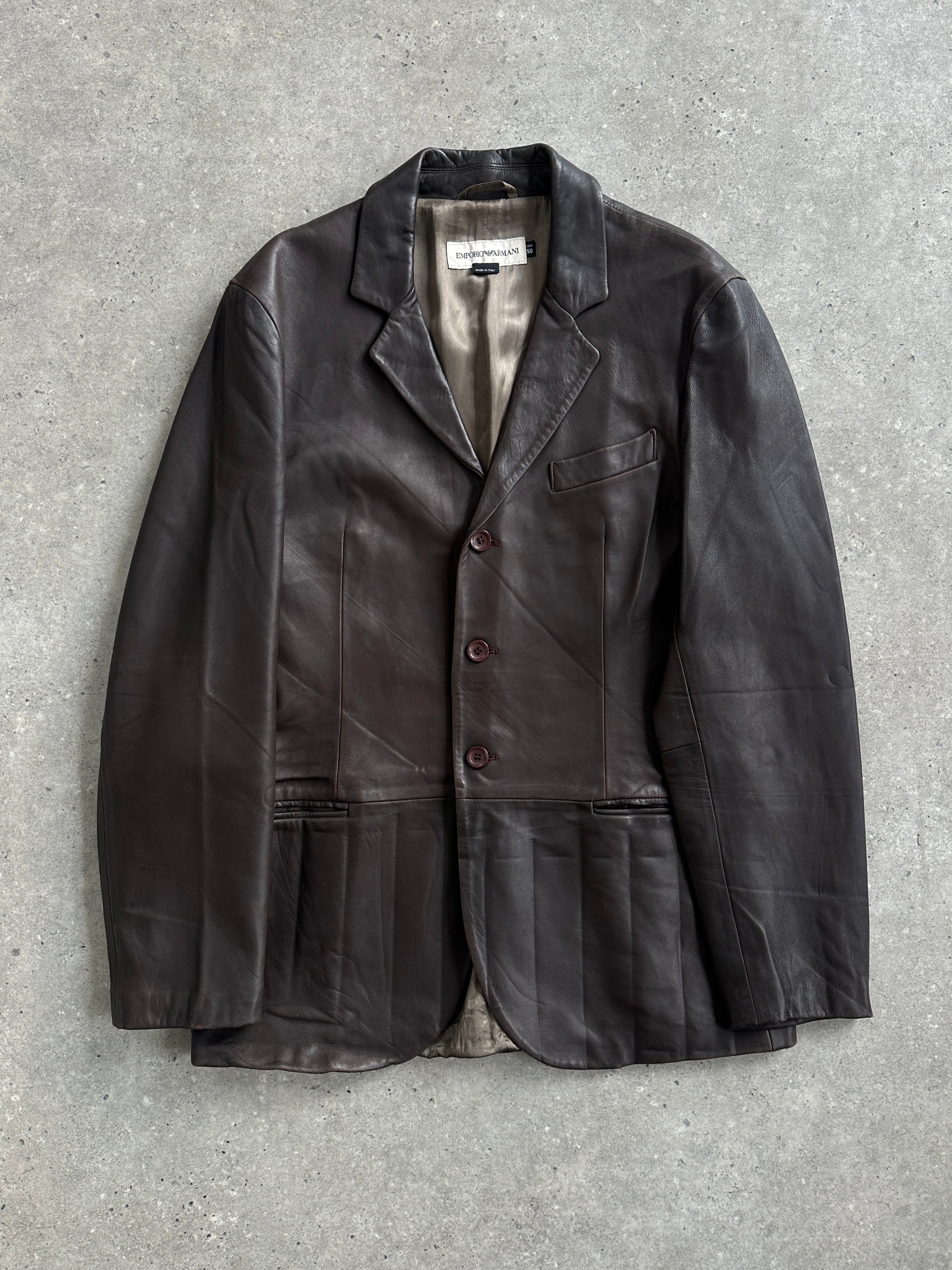 Emporio Armani 1990s lamb leather jacket in black, featuring classic design and high-quality leather, size M/L.