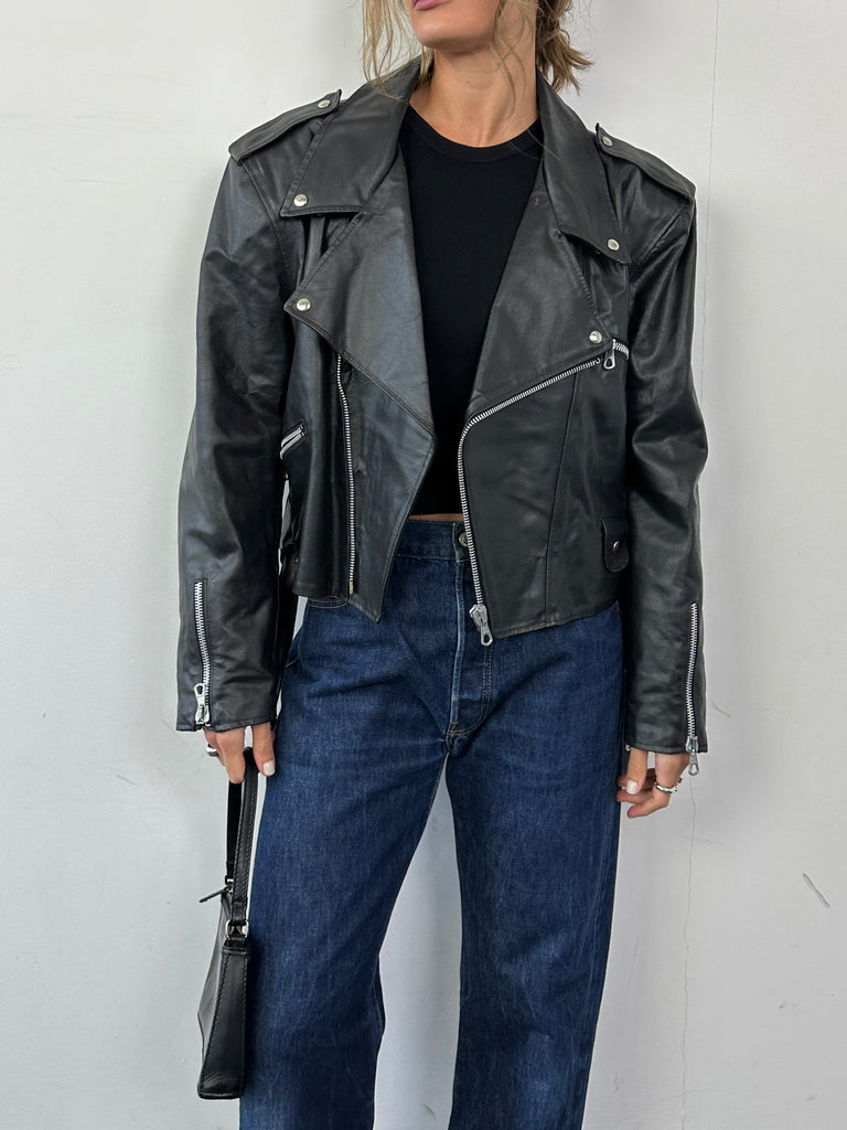 Italian Vintage Cropped Leather Biker Jacket - M - SYLK